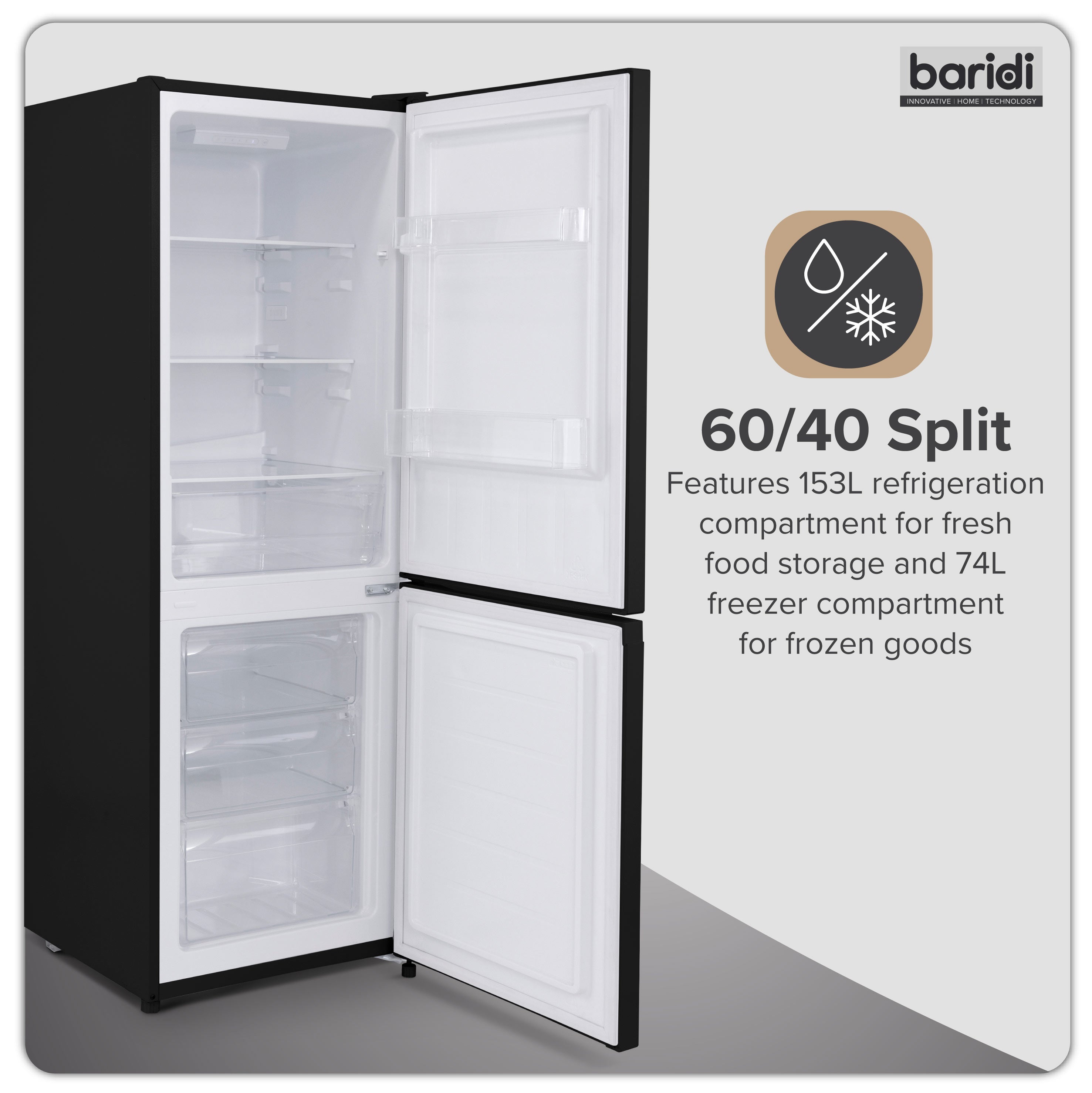 Baridi 60/40 Smart Frost Fridge Freezer 227L Capacity, Black - DH327