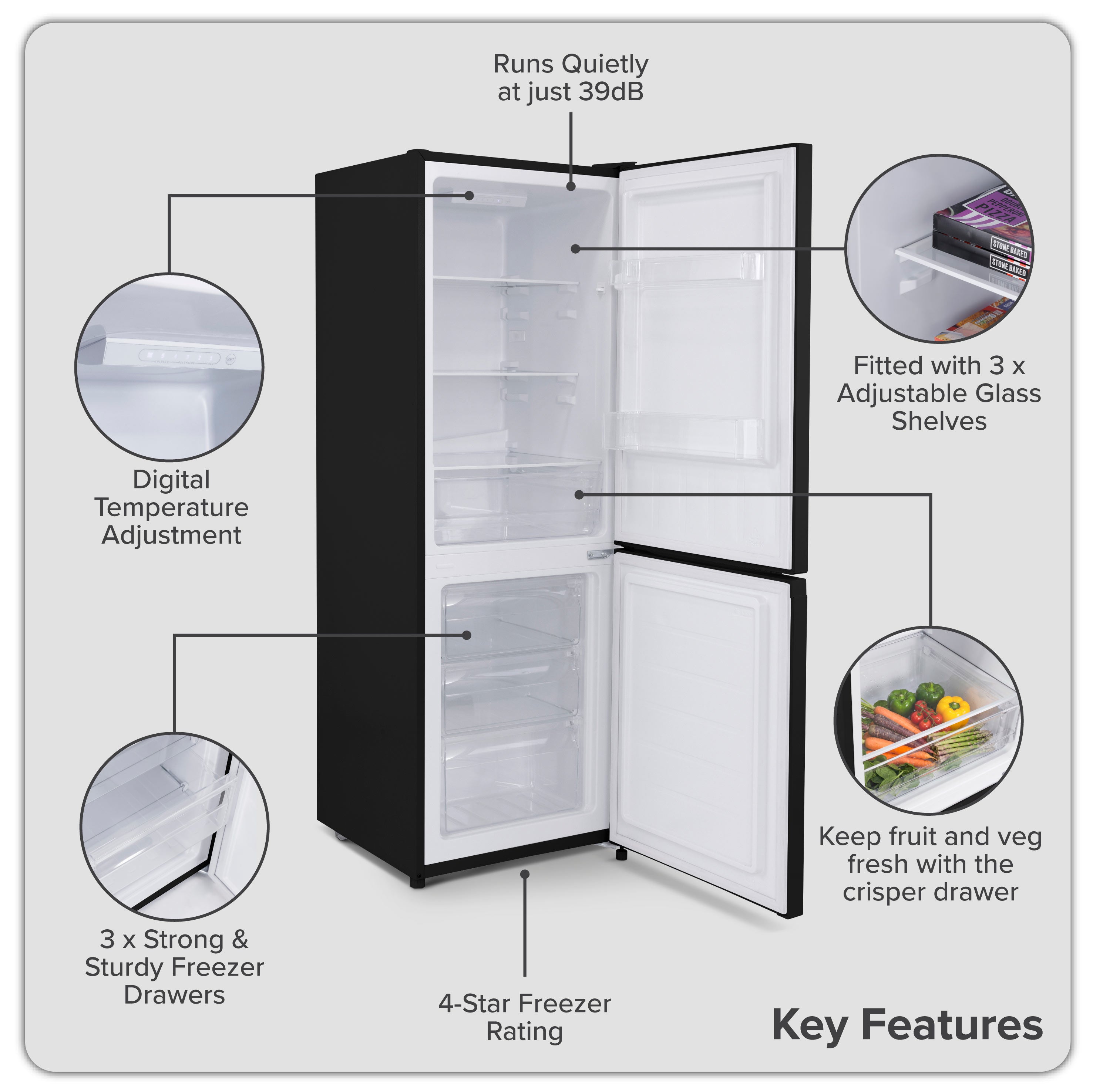 Baridi 60/40 Smart Frost Fridge Freezer 227L Capacity, Black - DH327
