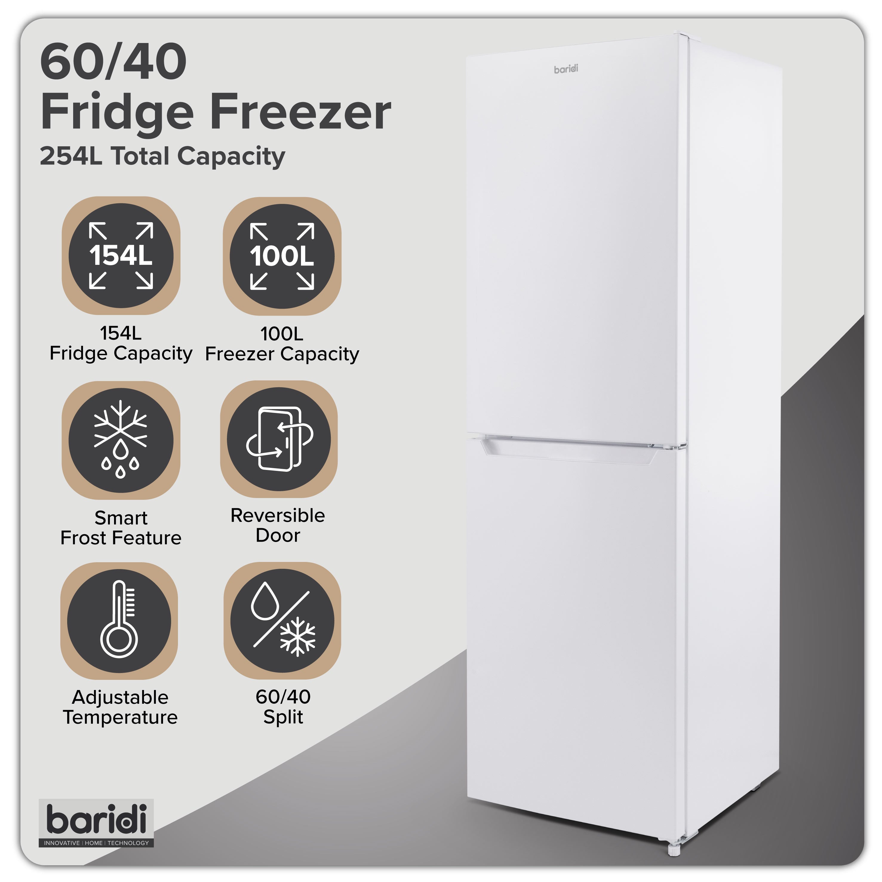 Baridi 60/40 Smart Frost Fridge Freezer 254L Capacity, White - DH328