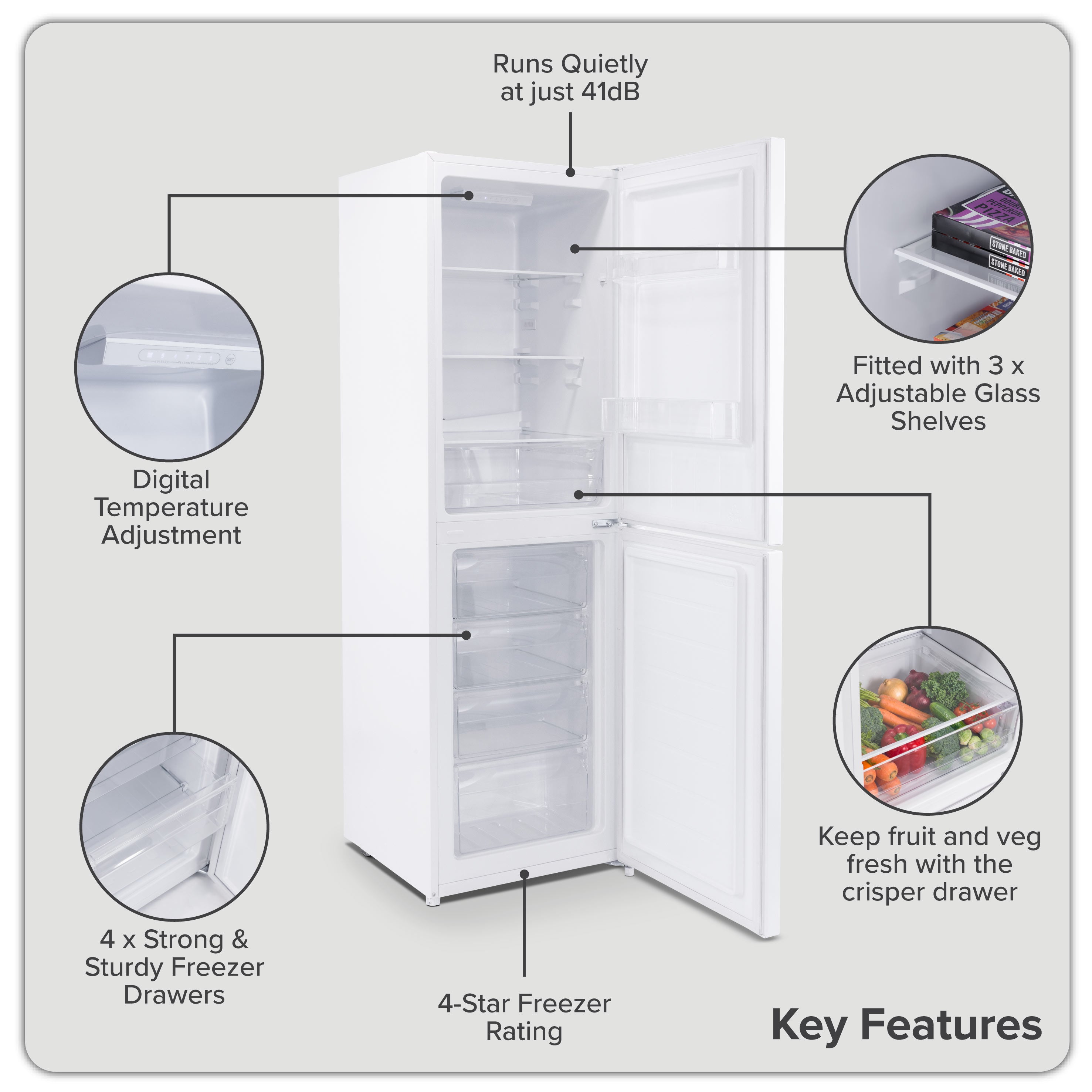 Baridi 50/50 Smart Frost Fridge Freezer 254L Capacity, White - DH328