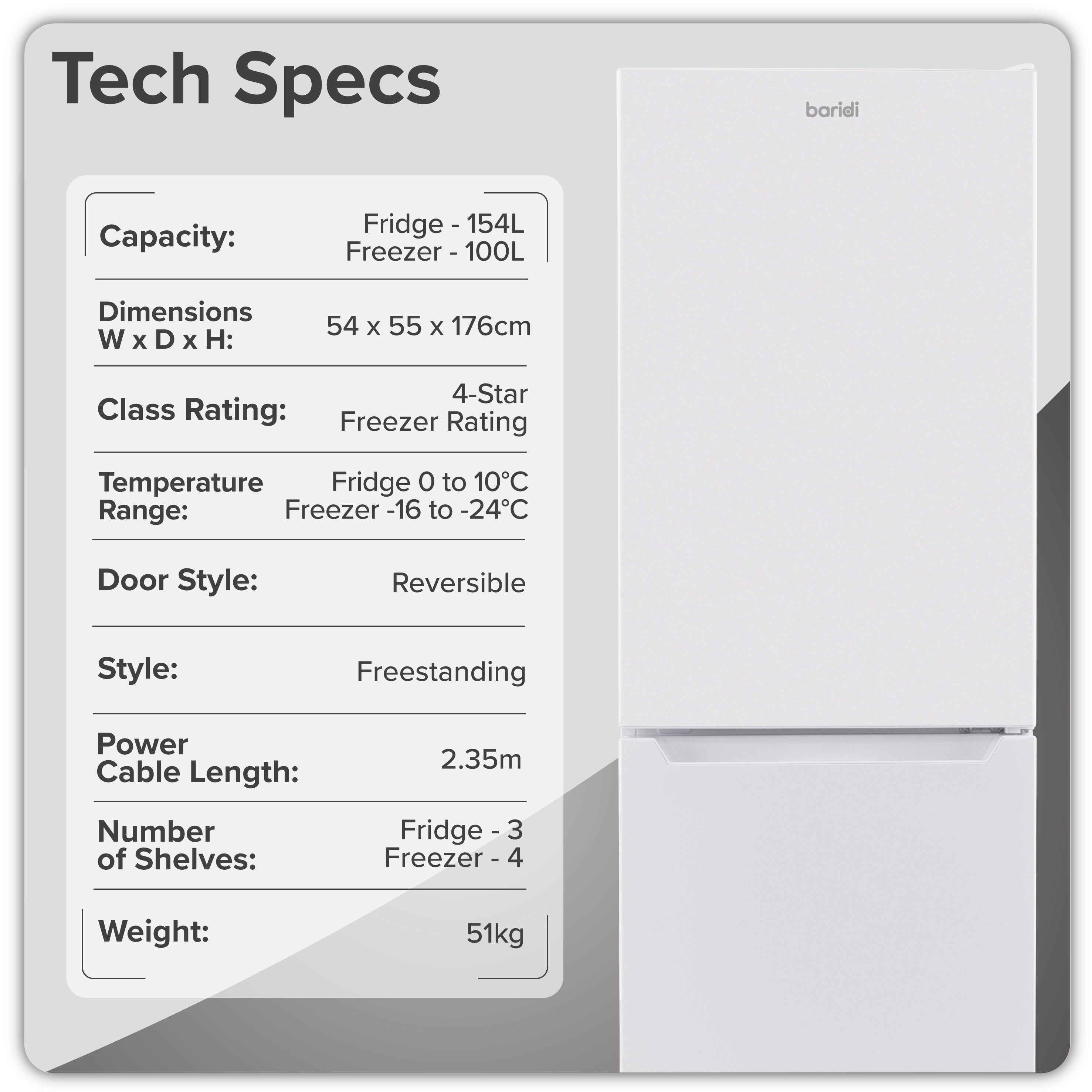 Baridi 50/50 Smart Frost Fridge Freezer 254L Capacity, White - DH328