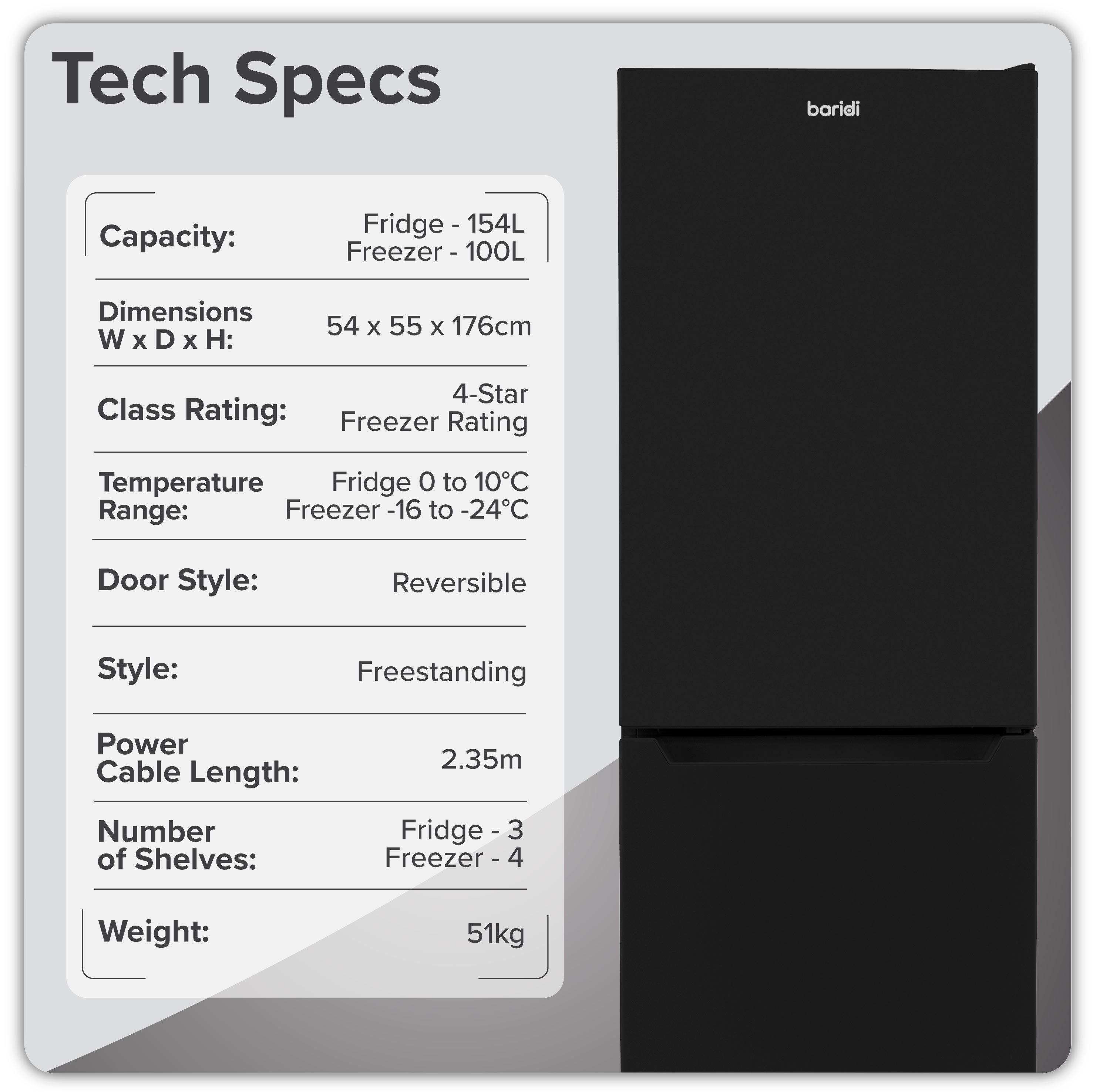 Baridi 50/50 Smart Frost Fridge Freezer 254L Capacity, Black - DH329