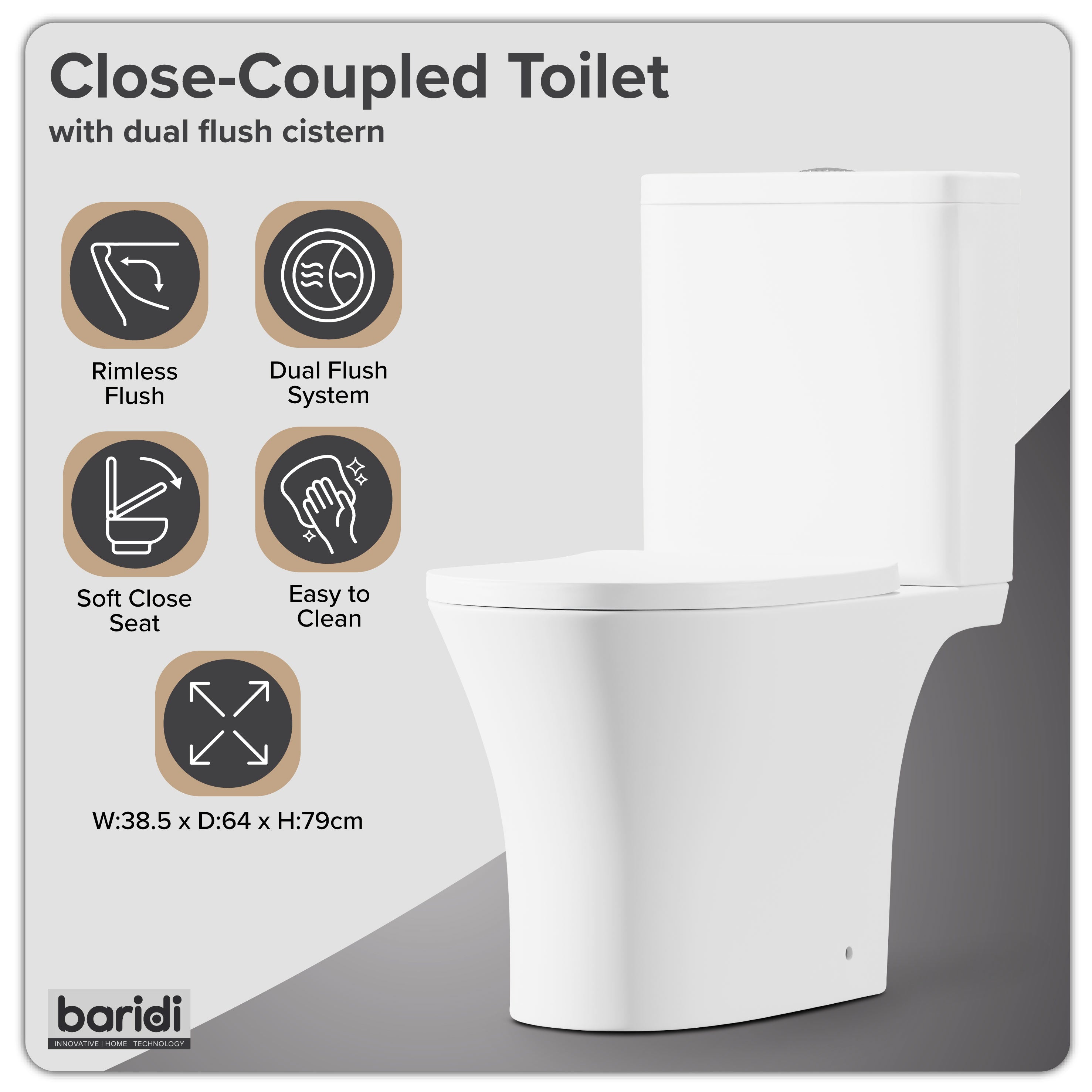 Baridi Close-Coupled Toilet with Soft Close Seat, Dual Flush Cistern & Rimless Flush, White - DH332