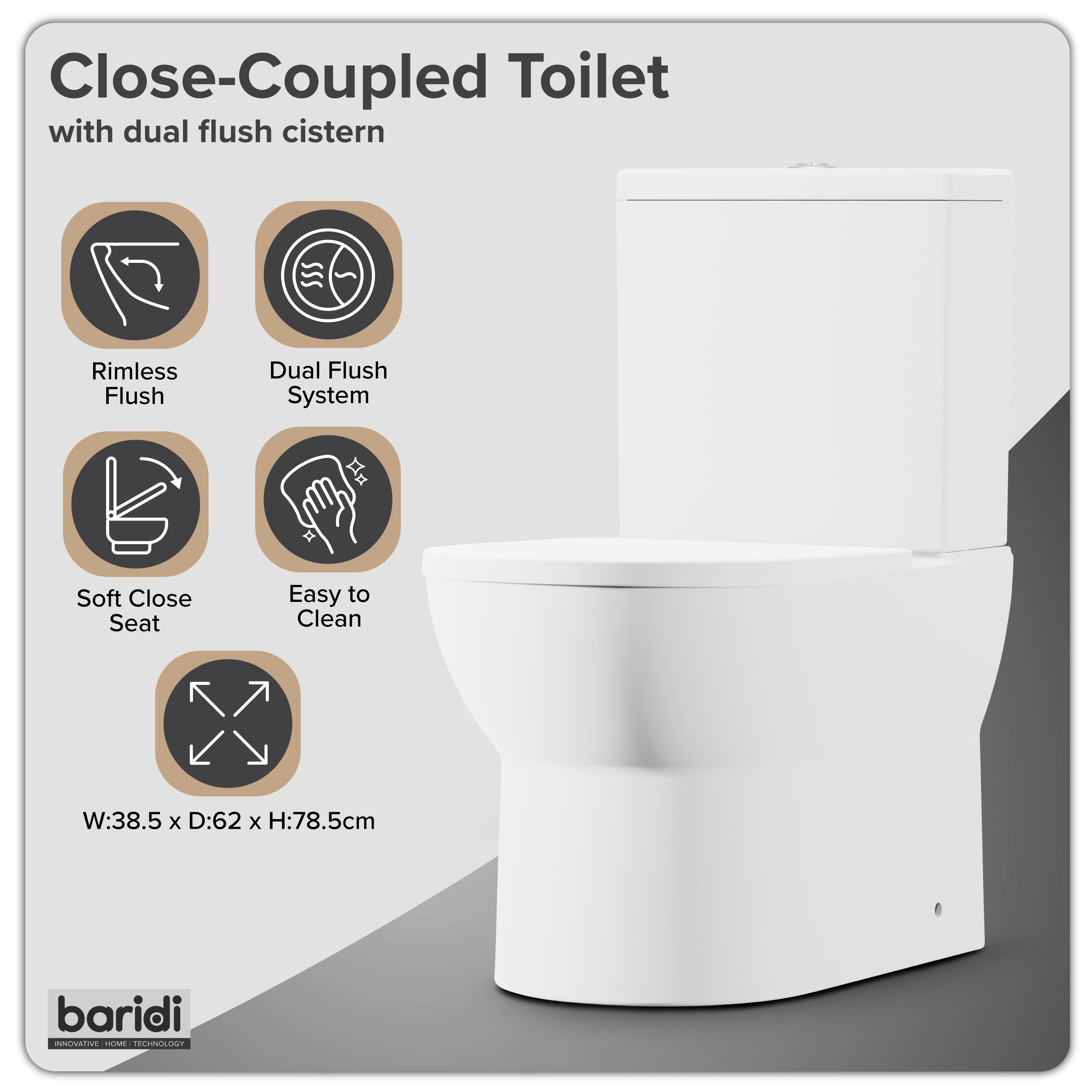 Baridi Close-Coupled Toilet with Soft Close Seat, Dual Flush Cistern & Rimless Flush, White - DH333