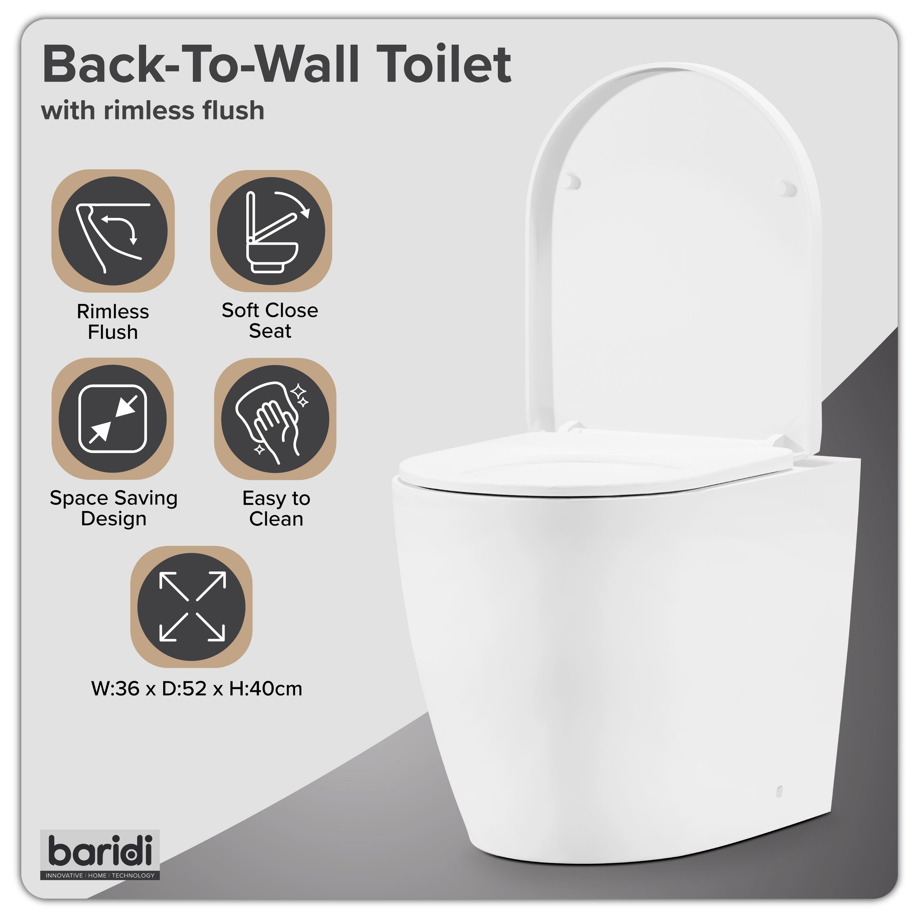 Baridi Back-to-Wall Toilet with Soft Close Seat & Rimless Flush, White - DH334
