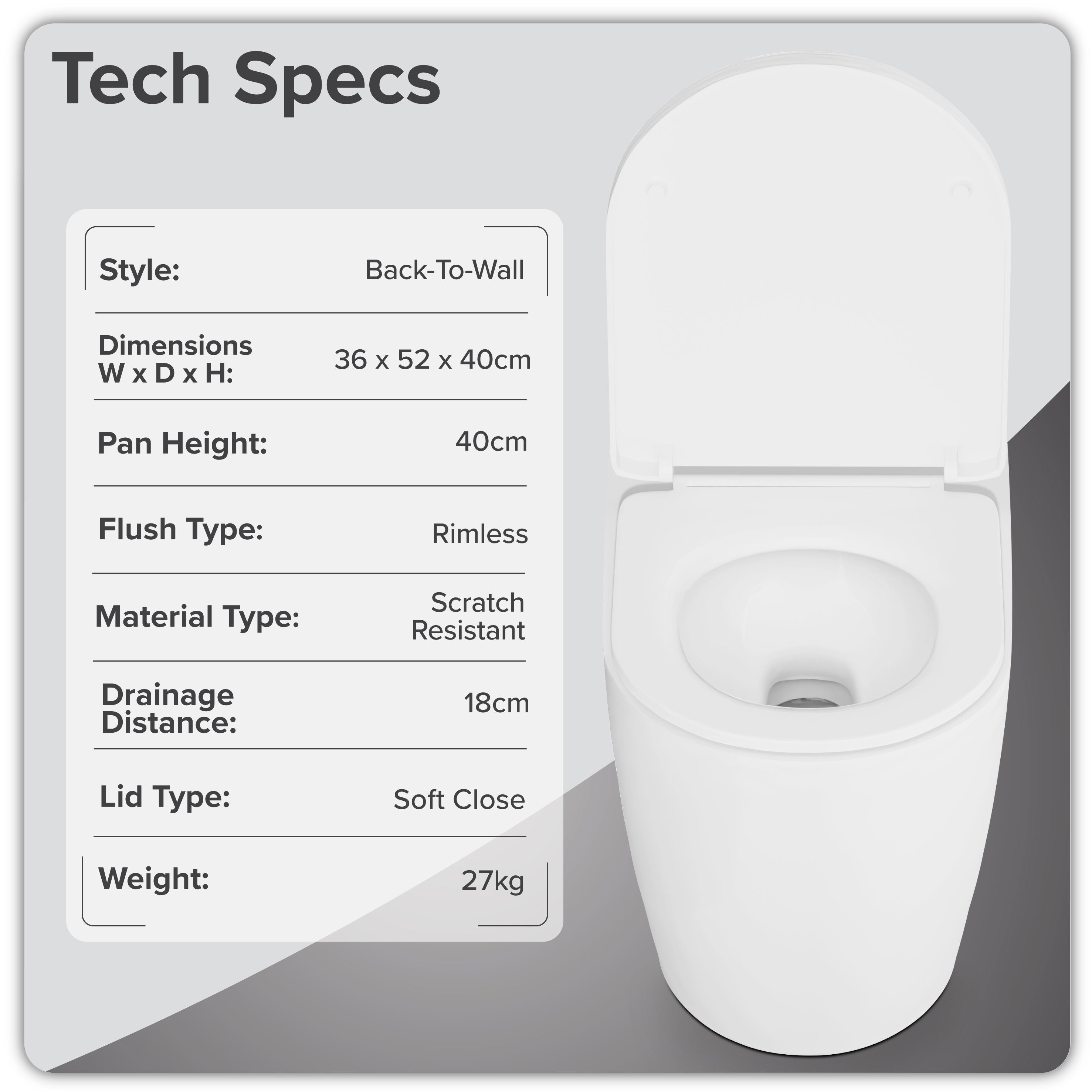 Baridi Back-to-Wall Toilet with Soft Close Seat & Rimless Flush, White - DH334