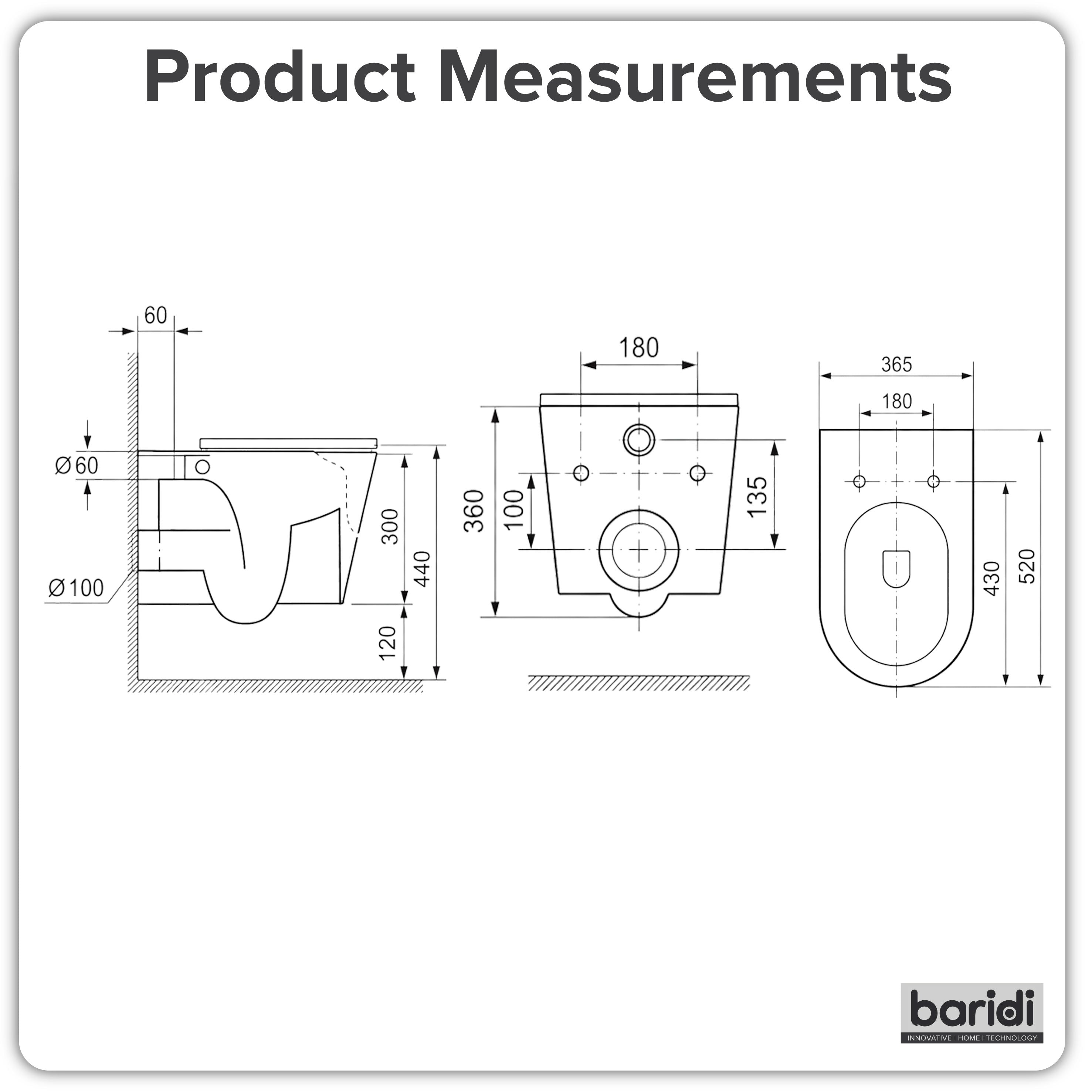 Baridi Wall Hung Toilet with Soft Close Seat & Rimless Flush, White - DH335