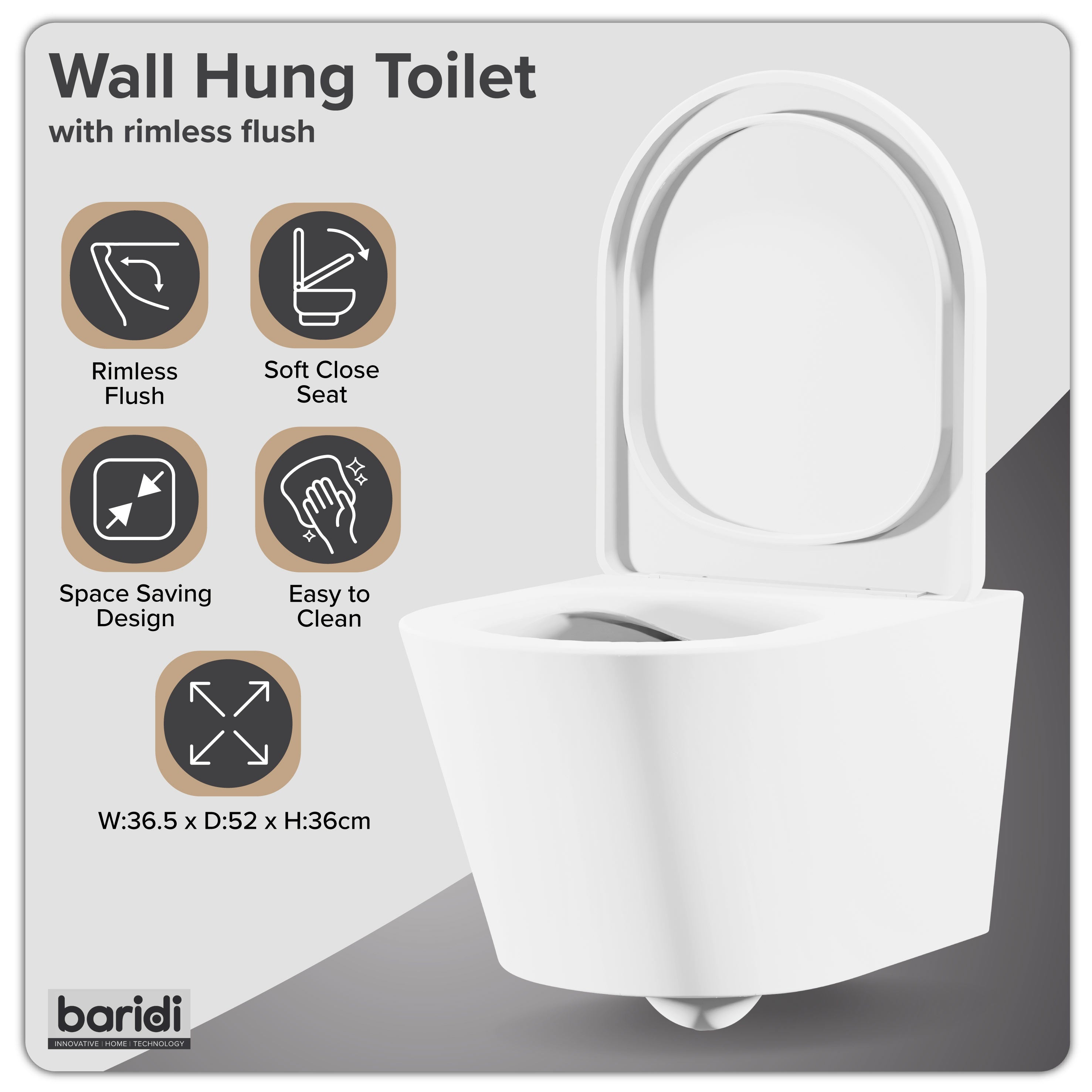 Baridi Wall Hung Toilet with Soft Close Seat & Rimless Flush, White - DH335