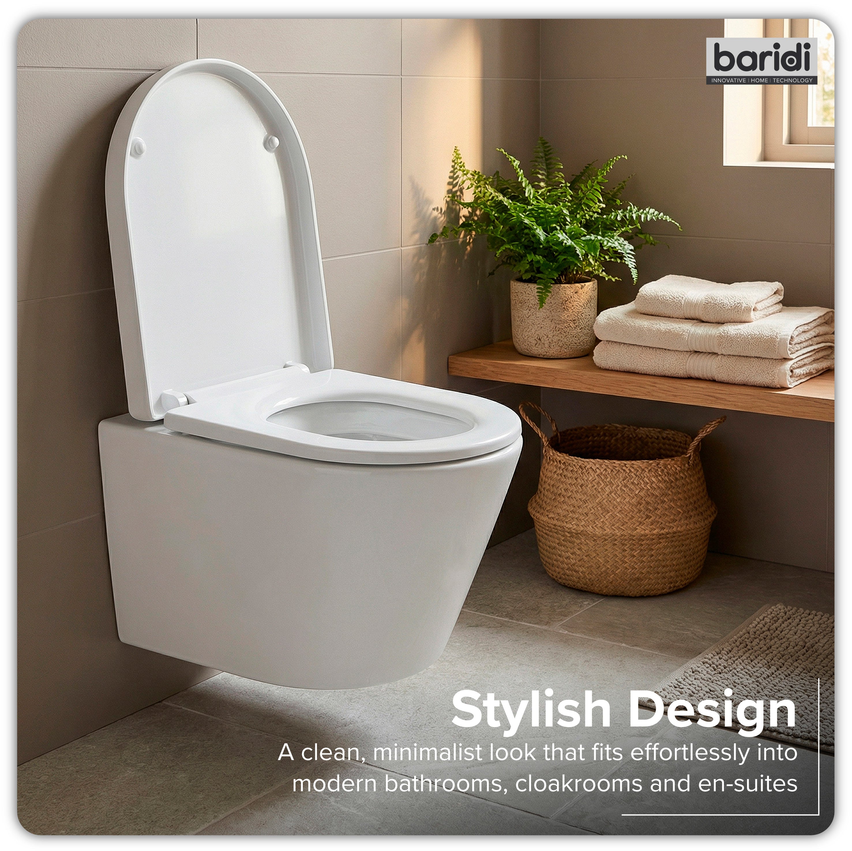Baridi Wall Hung Toilet with Soft Close Seat & Rimless Flush, White - DH335
