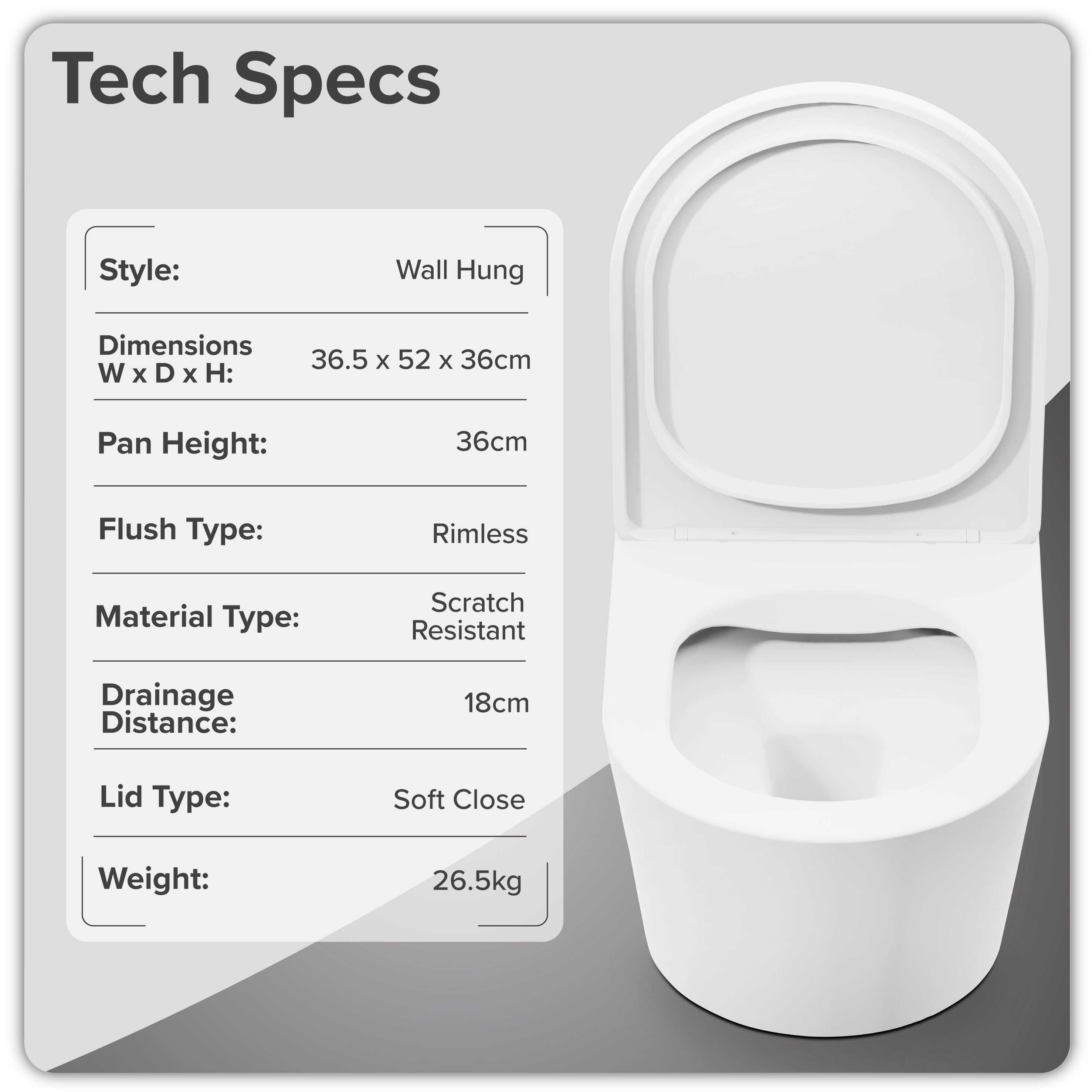 Baridi Wall Hung Toilet with Soft Close Seat & Rimless Flush, White - DH335
