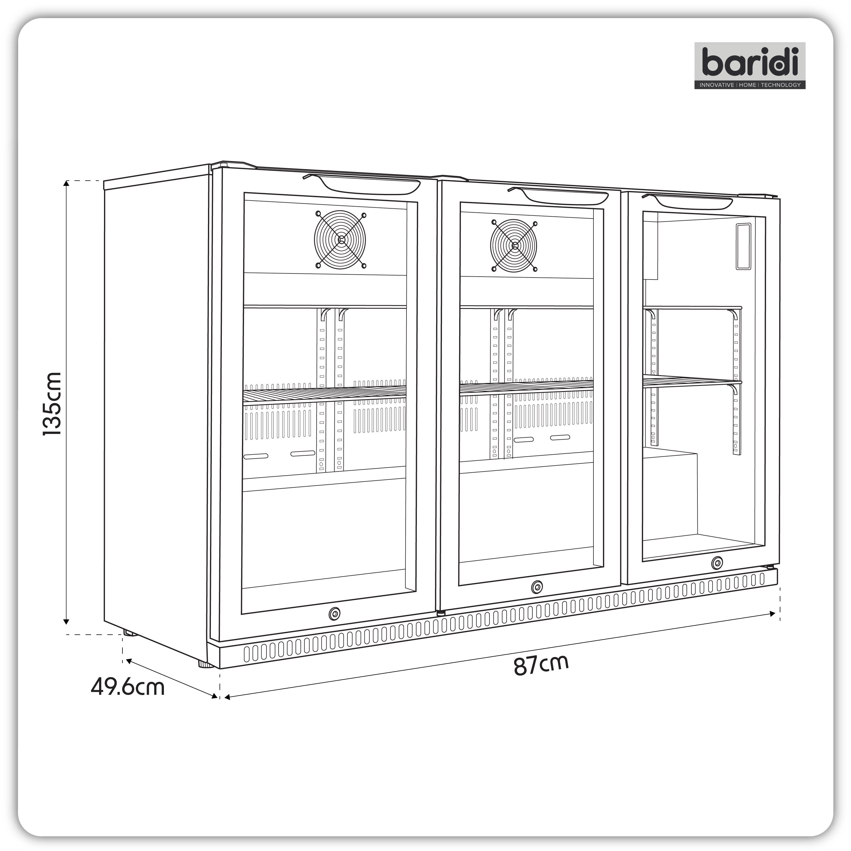 Baridi Back Bar Drinks Fridge/Cooler with Triple Hinged Door 307L, Black – DH336