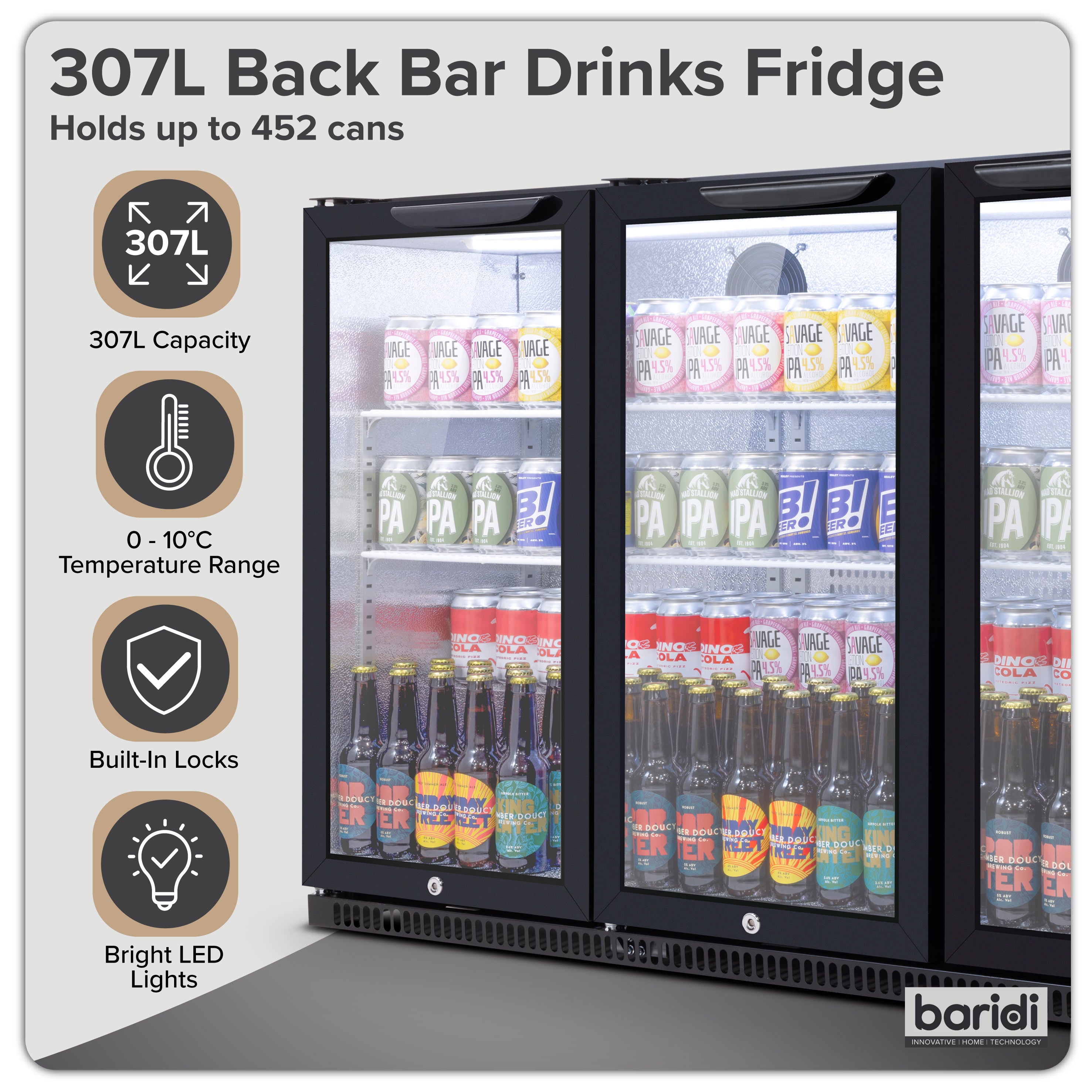 Baridi Back Bar Drinks Fridge/Cooler with Triple Hinged Door 307L, Black – DH336