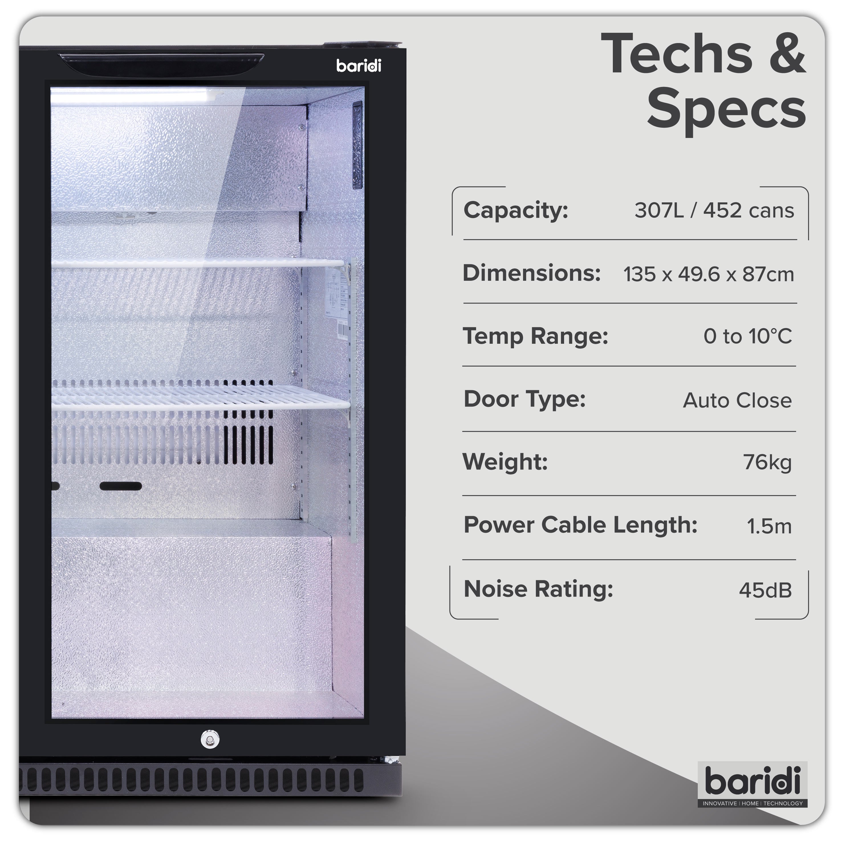 Baridi Back Bar Drinks Fridge/Cooler with Triple Hinged Door 307L, Black – DH336