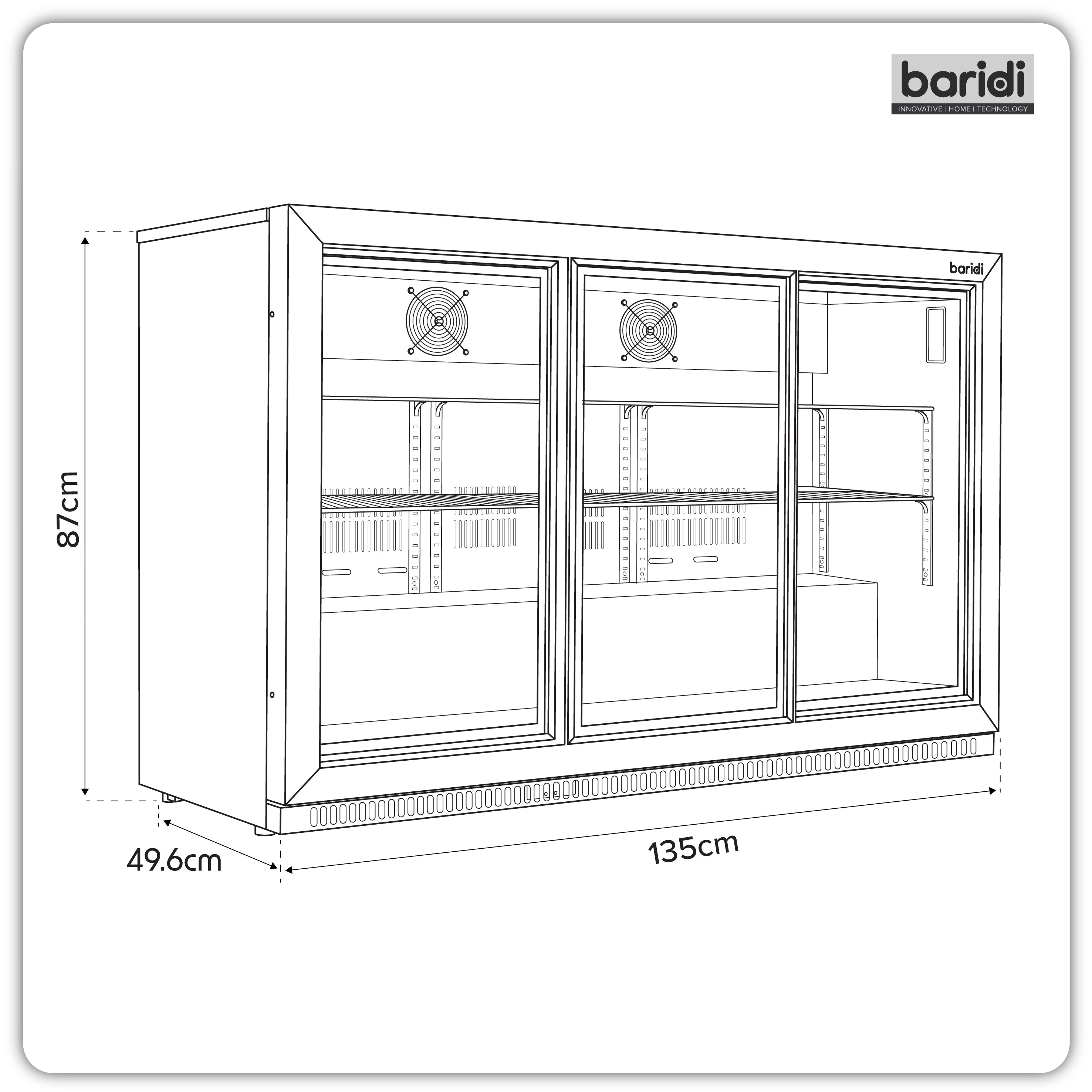 Baridi Back Bar Drinks Fridge/Cooler with Triple Sliding Door 307L, Black – DH337