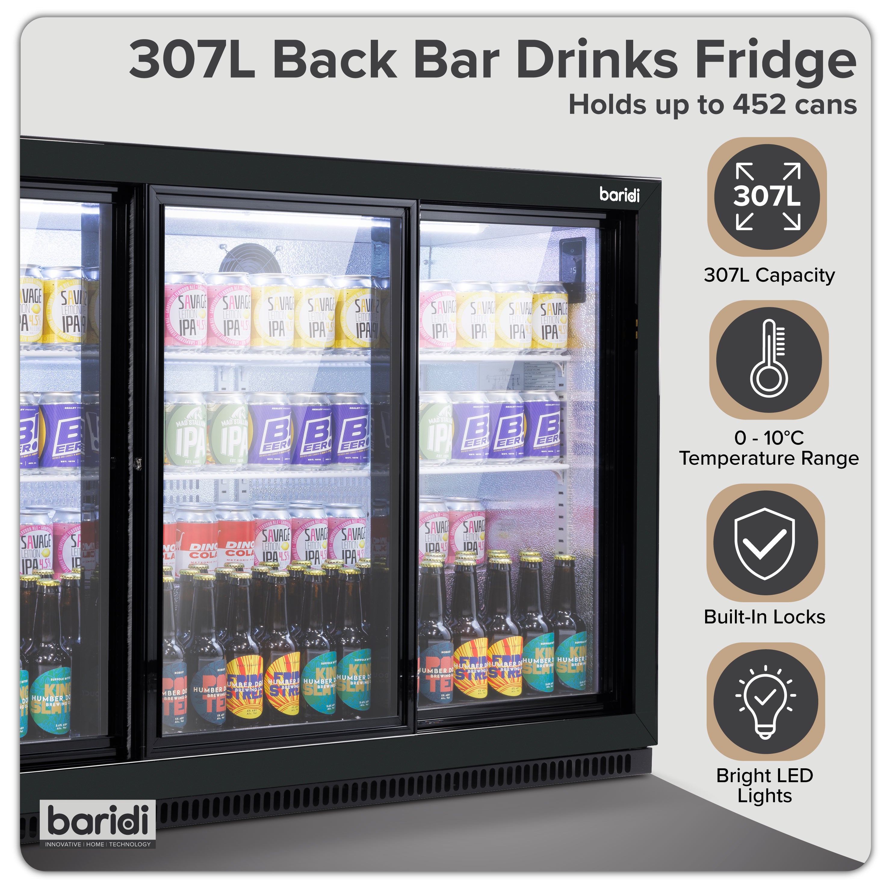 Baridi Back Bar Drinks Fridge/Cooler with Triple Sliding Door 307L, Black – DH337