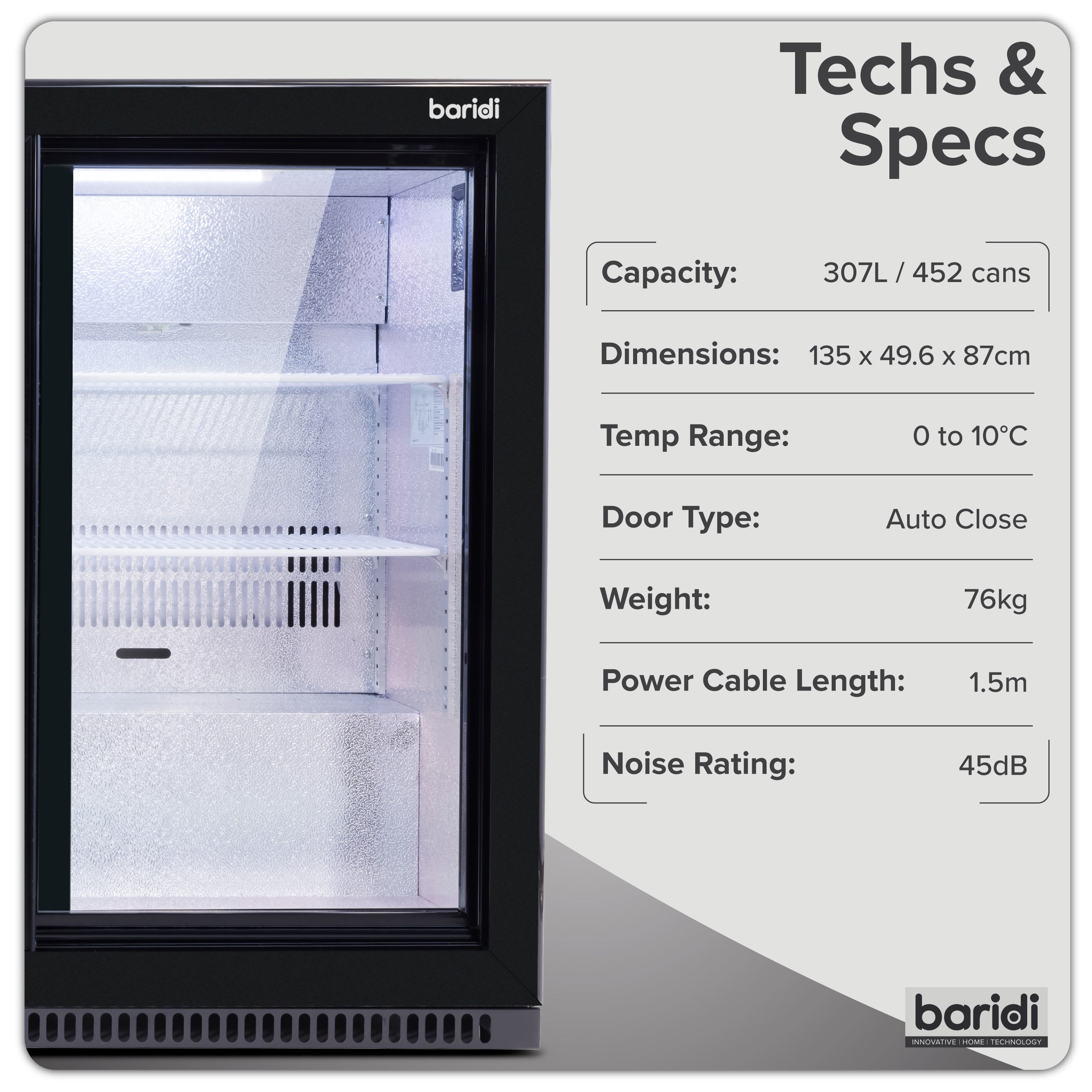 Baridi Back Bar Drinks Fridge/Cooler with Triple Sliding Door 307L, Black – DH337