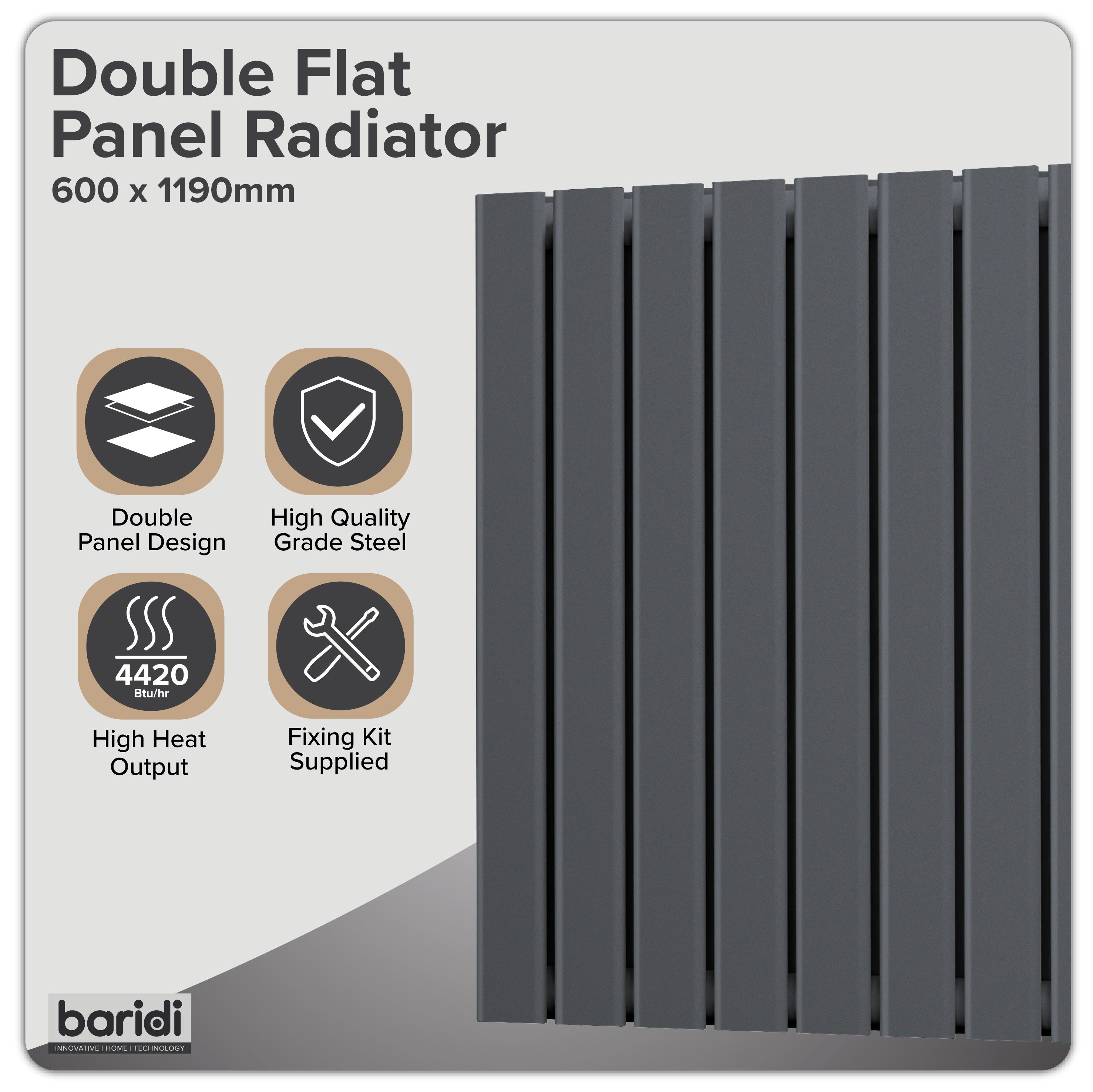 Baridi Horizontal Radiator Contemporary Double Flat Panel Design 600 x 1190mm, Anthracite - DH342