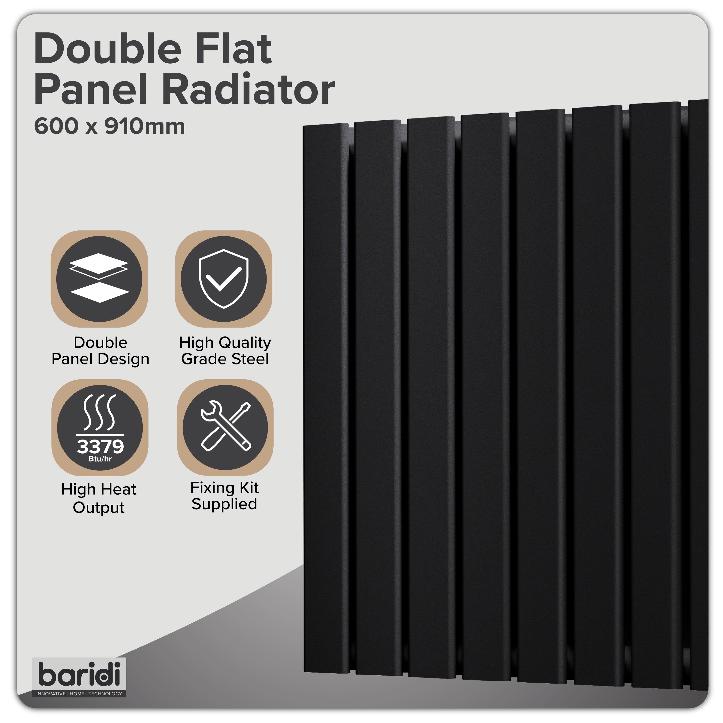 Baridi Horizontal Radiator Contemporary Double Flat Panel Design 600 x 910mm, Black - DH346