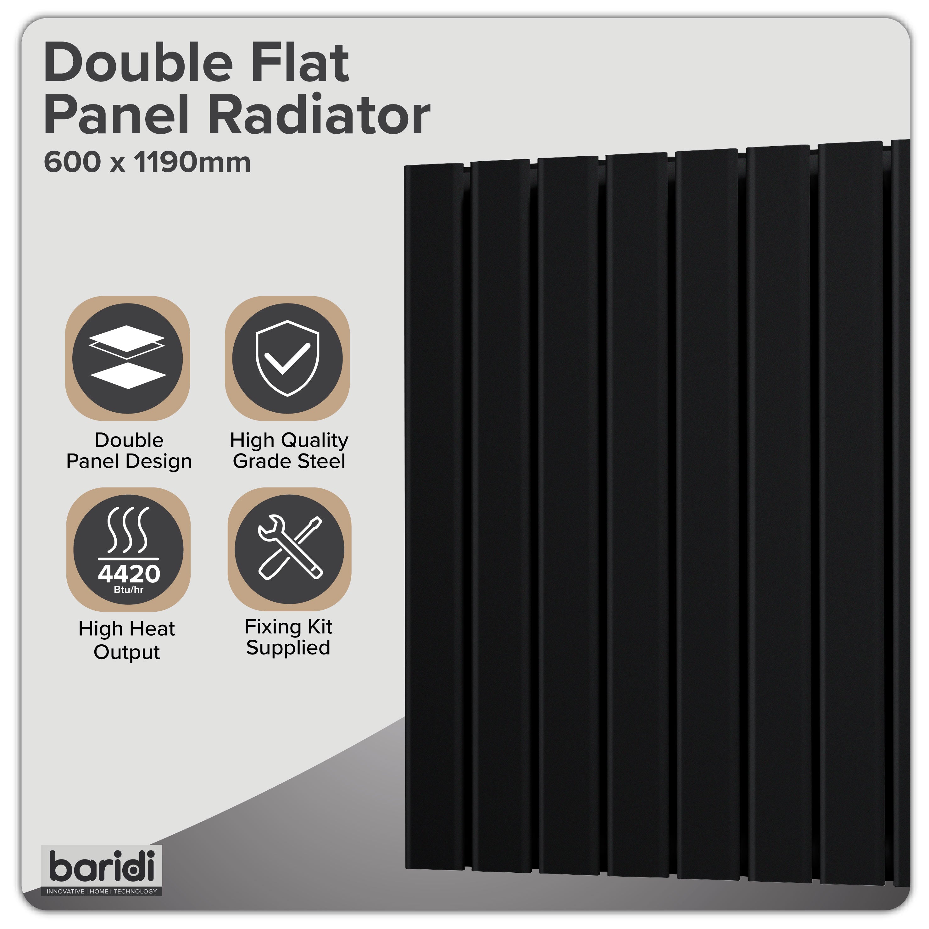 Baridi Horizontal Radiator Contemporary Double Flat Panel Design 600 x 1190mm, Black - DH347