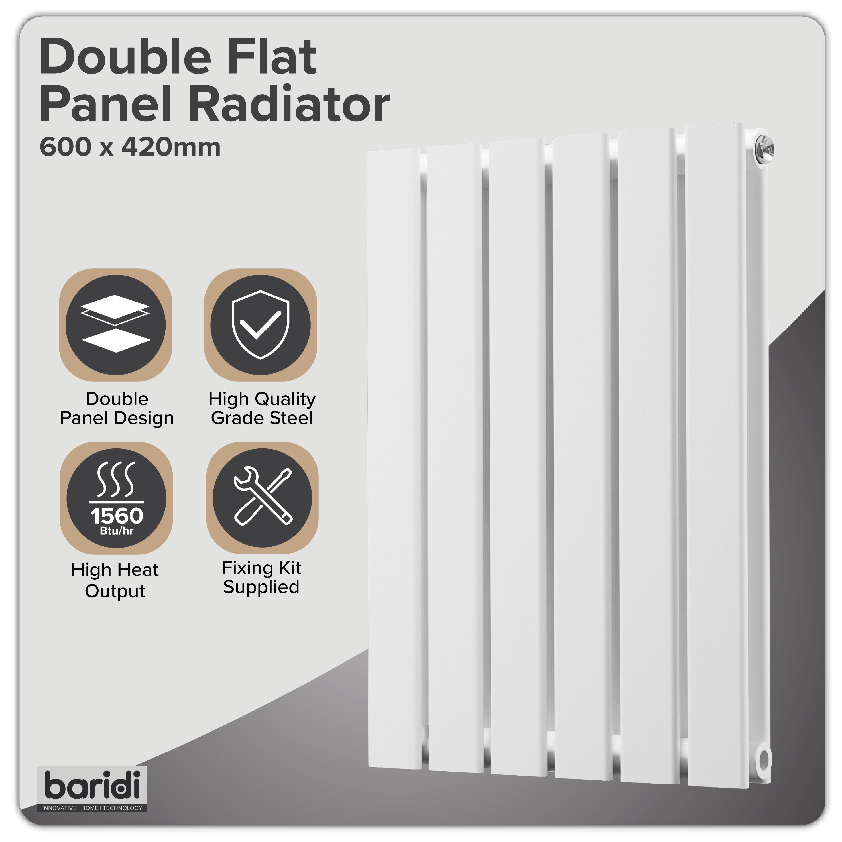 Baridi Horizontal Radiator Contemporary Double Flat Panel Design 600 x 420mm, White - DH348
