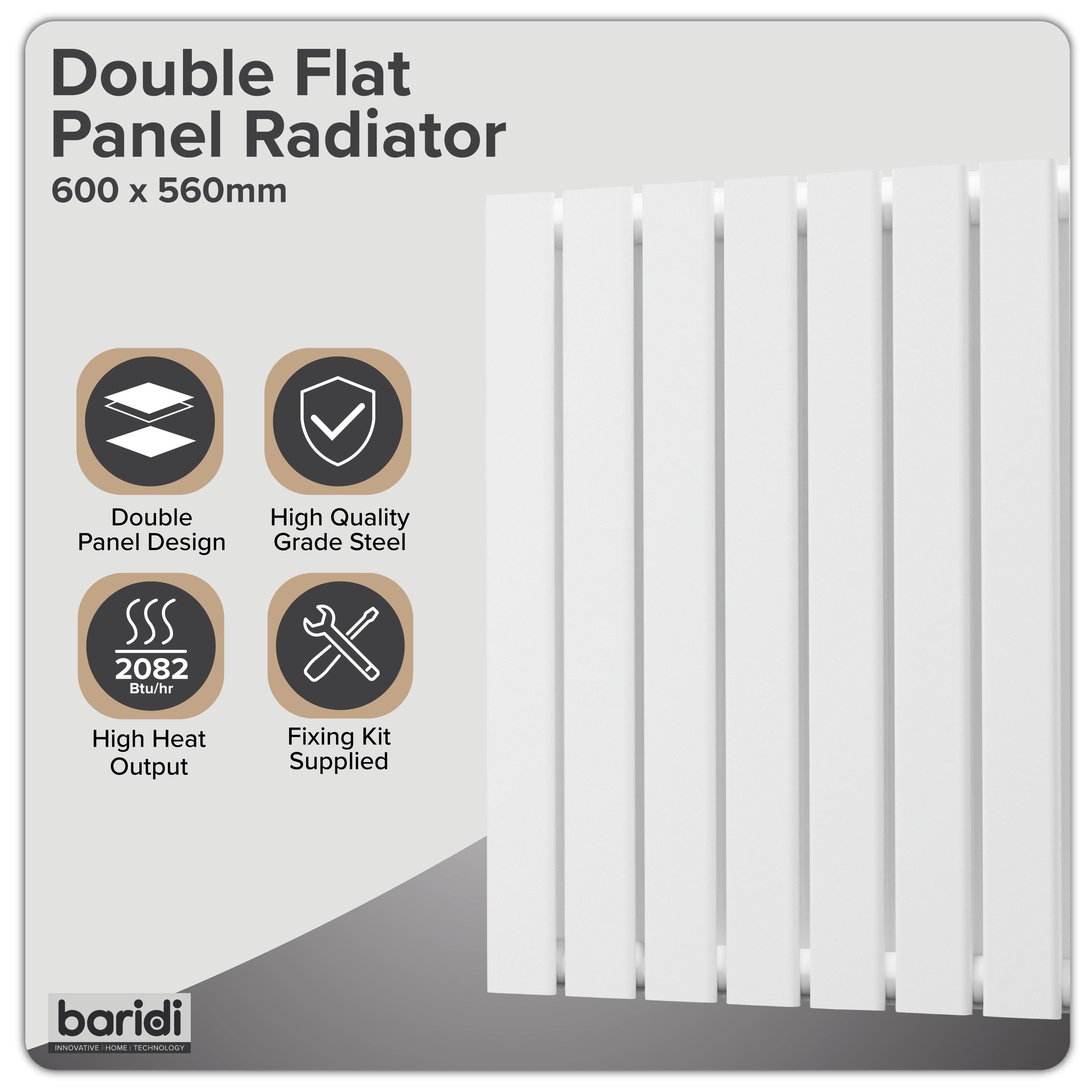 Baridi Horizontal Radiator Contemporary Double Flat Panel Design 600 x 560mm, White - DH349