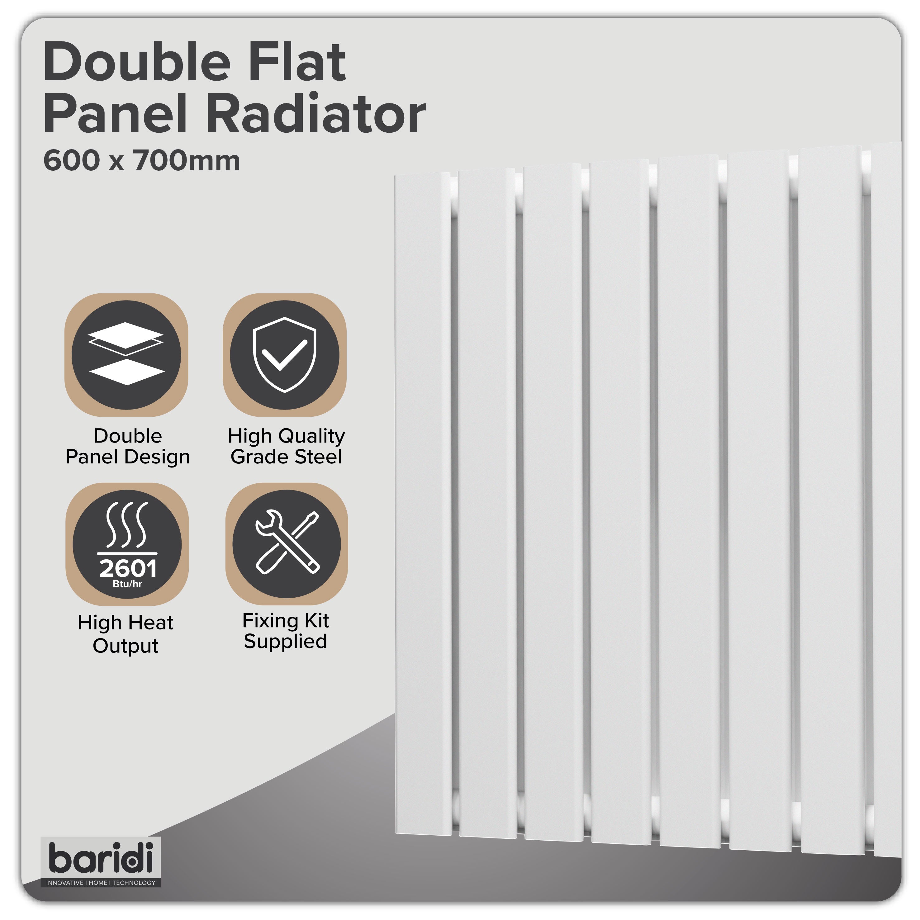 Baridi Horizontal Radiator Contemporary Double Flat Panel Design 600 x 700mm, White - DH350