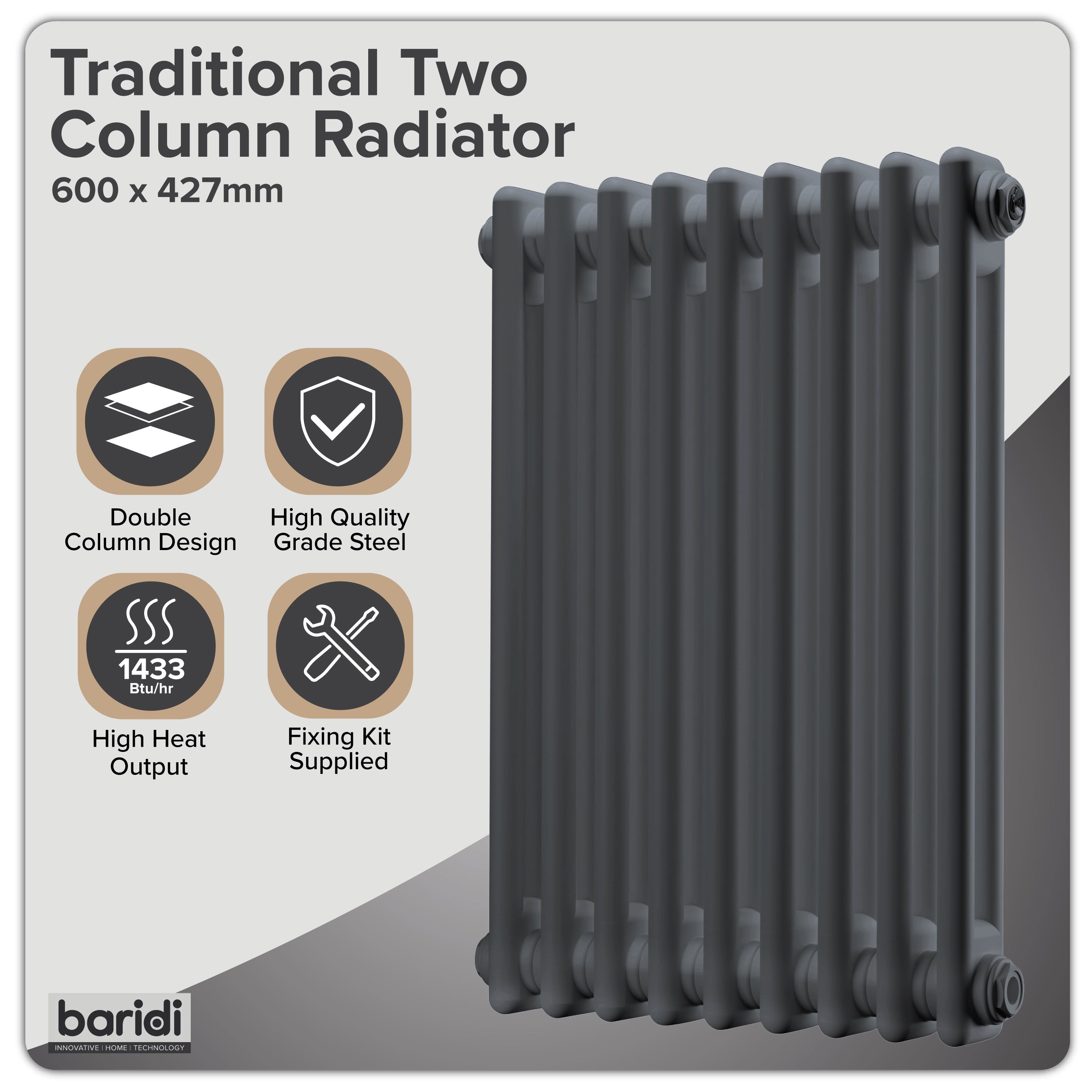 Baridi Horizontal Traditional 2 Column Radiator 600 x 427mm, Anthracite - DH356