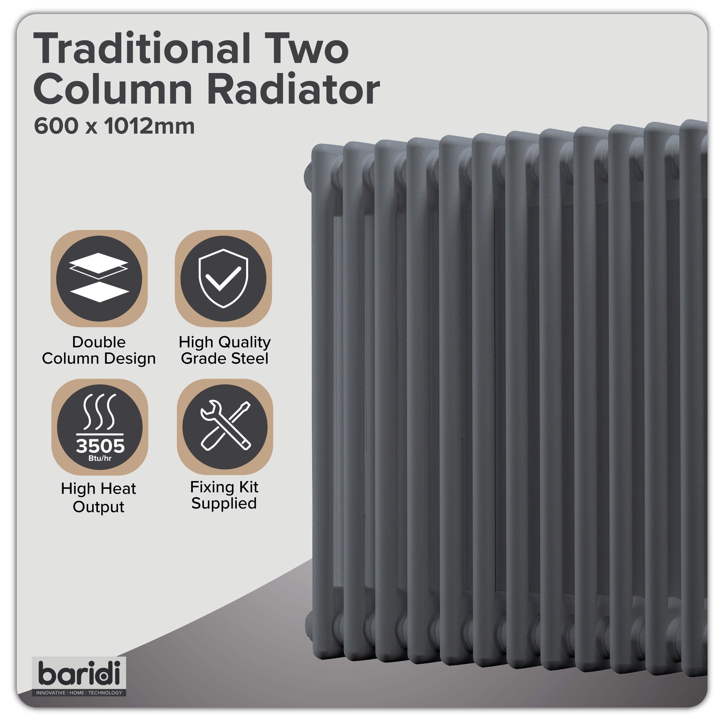 Baridi Horizontal Traditional 2 Column Radiator 600 x 1012mm, Anthracite - DH359