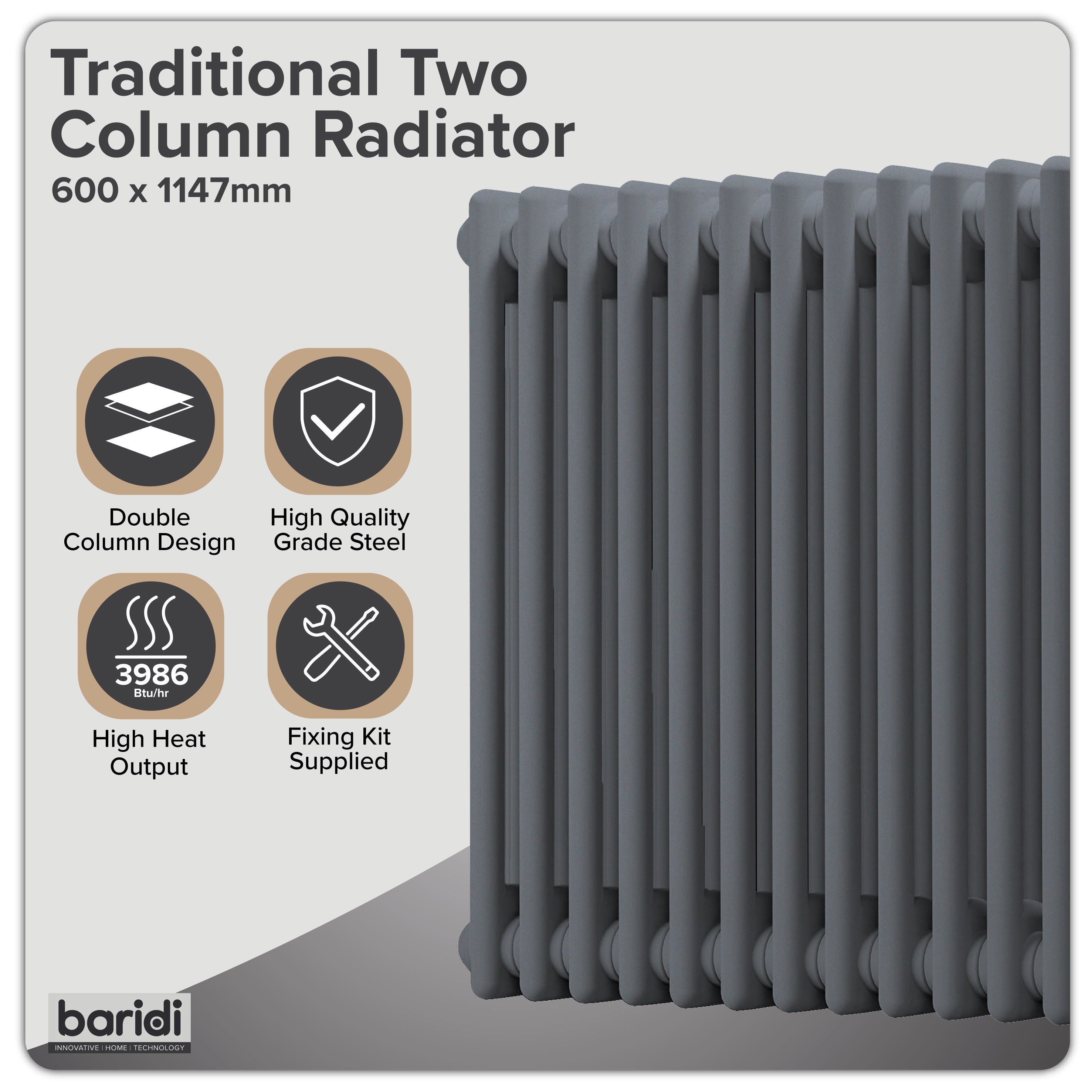 Baridi Horizontal Traditional 2 Column Radiator 600 x 1147mm, Anthracite - DH360
