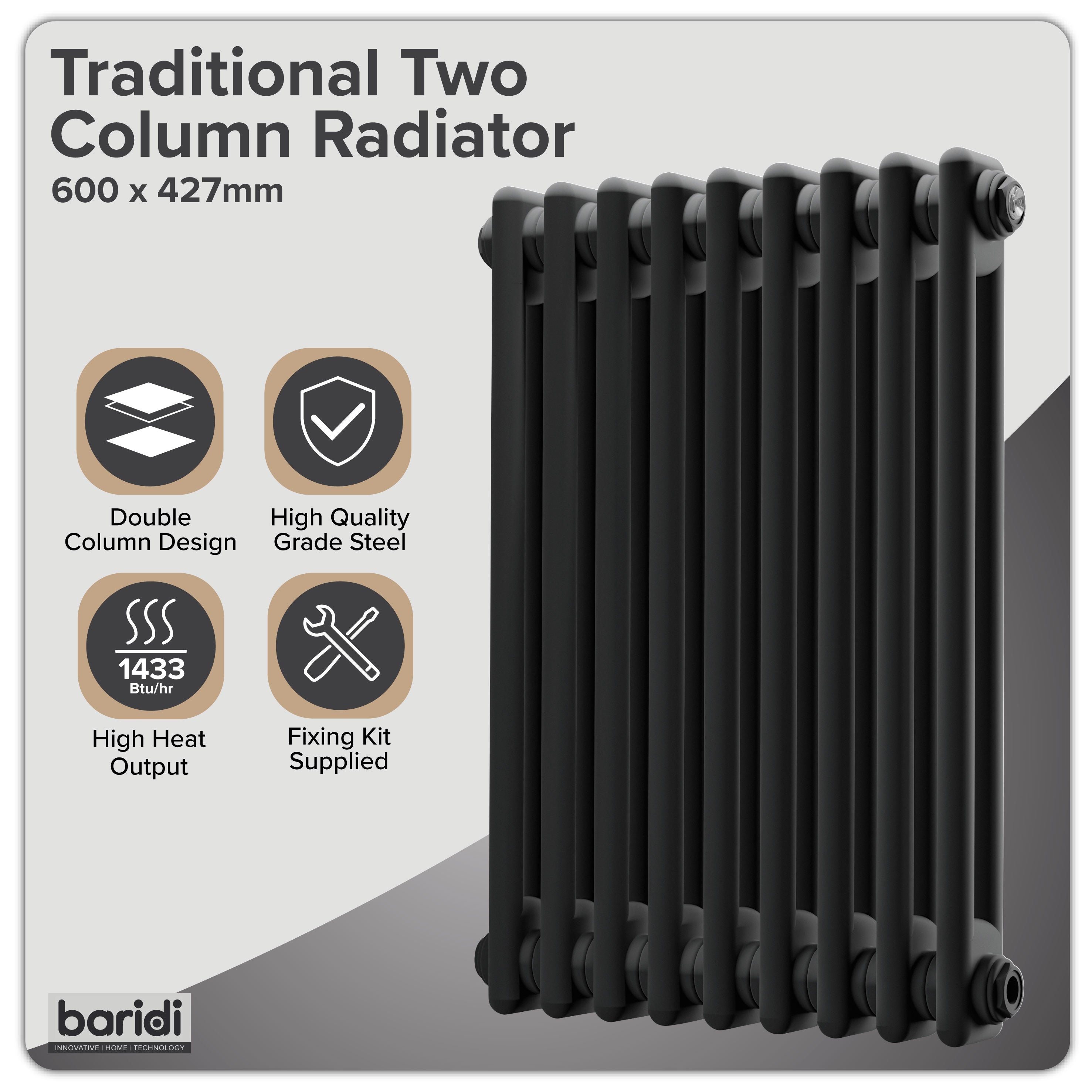 Baridi Horizontal Traditional 2 Column Radiator 600 x 427mm, Black - DH361
