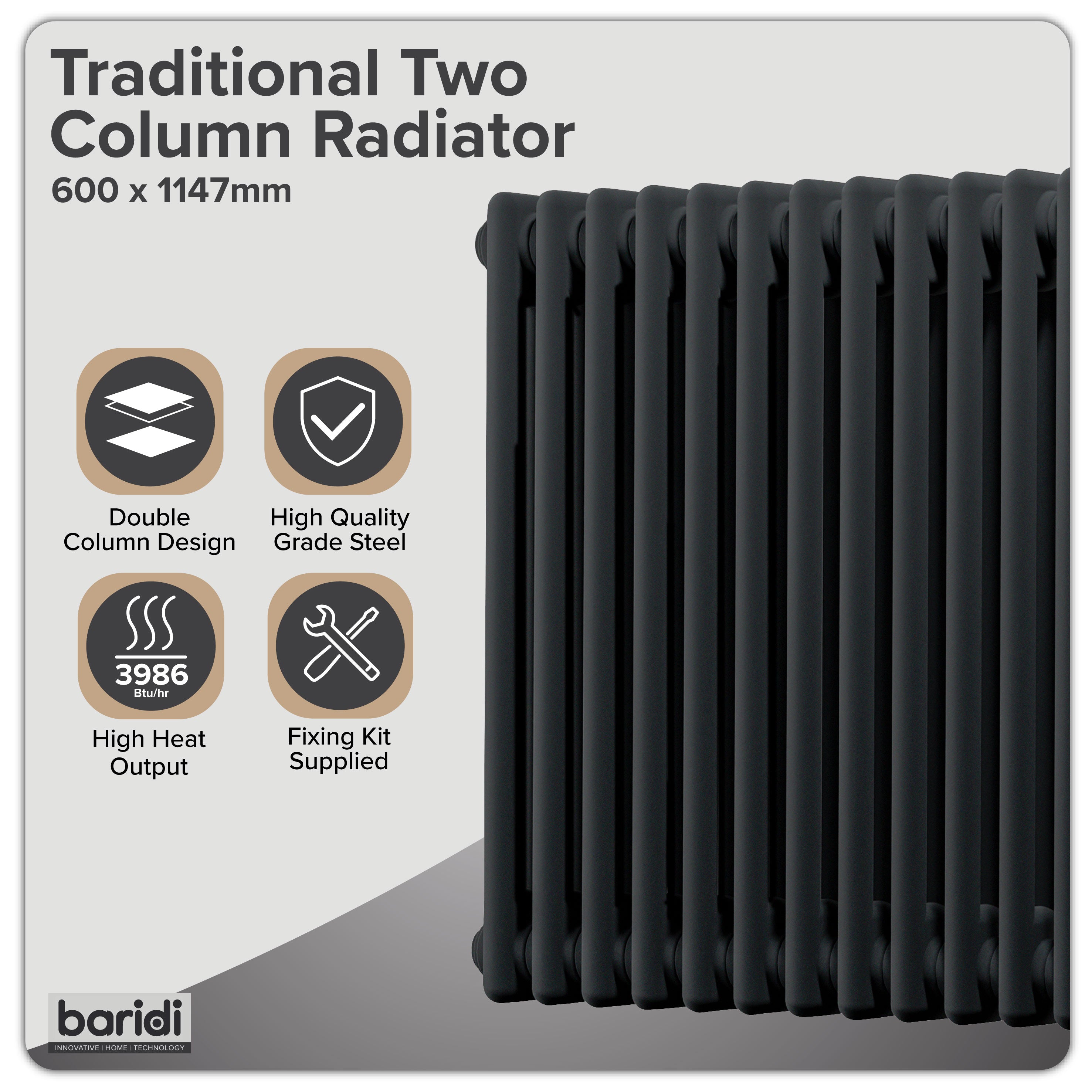 Baridi Horizontal Traditional 2 Column Radiator 600 x 1147mm, Black - DH365