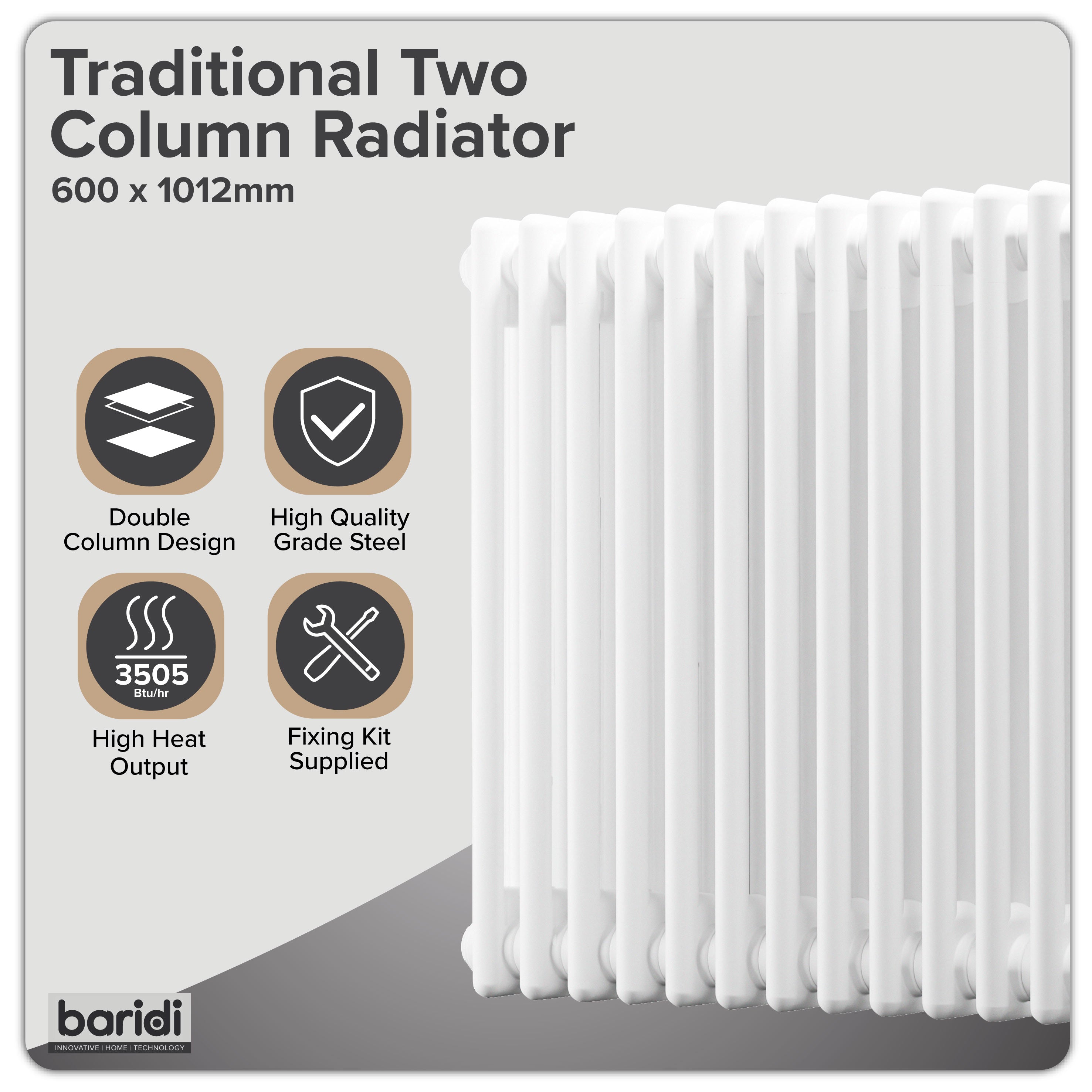 Baridi Horizontal Traditional 2 Column Radiator 600 x 1012mm, White - DH369