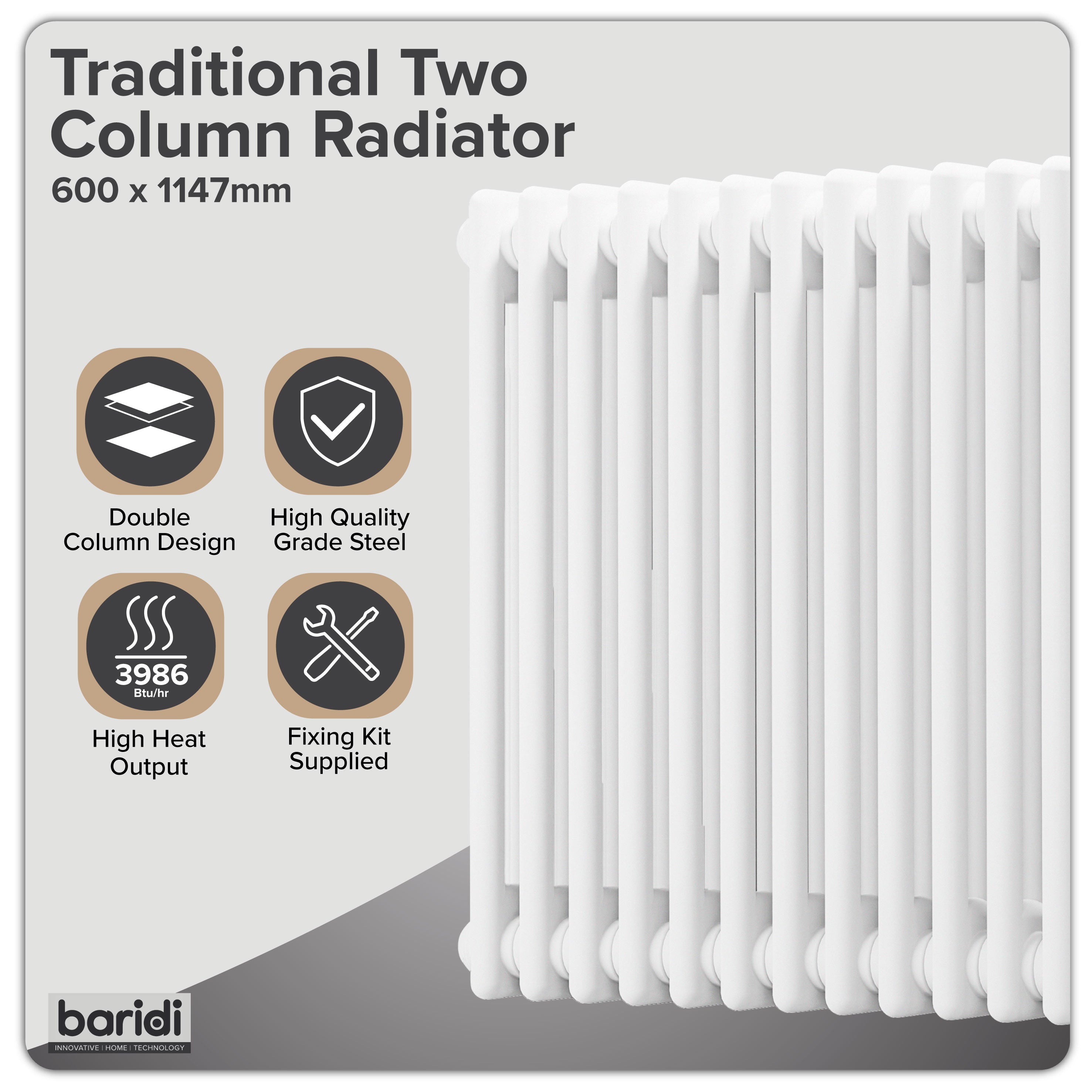 Baridi Horizontal Traditional 2 Column Radiator 600 x 1147mm, White - DH370