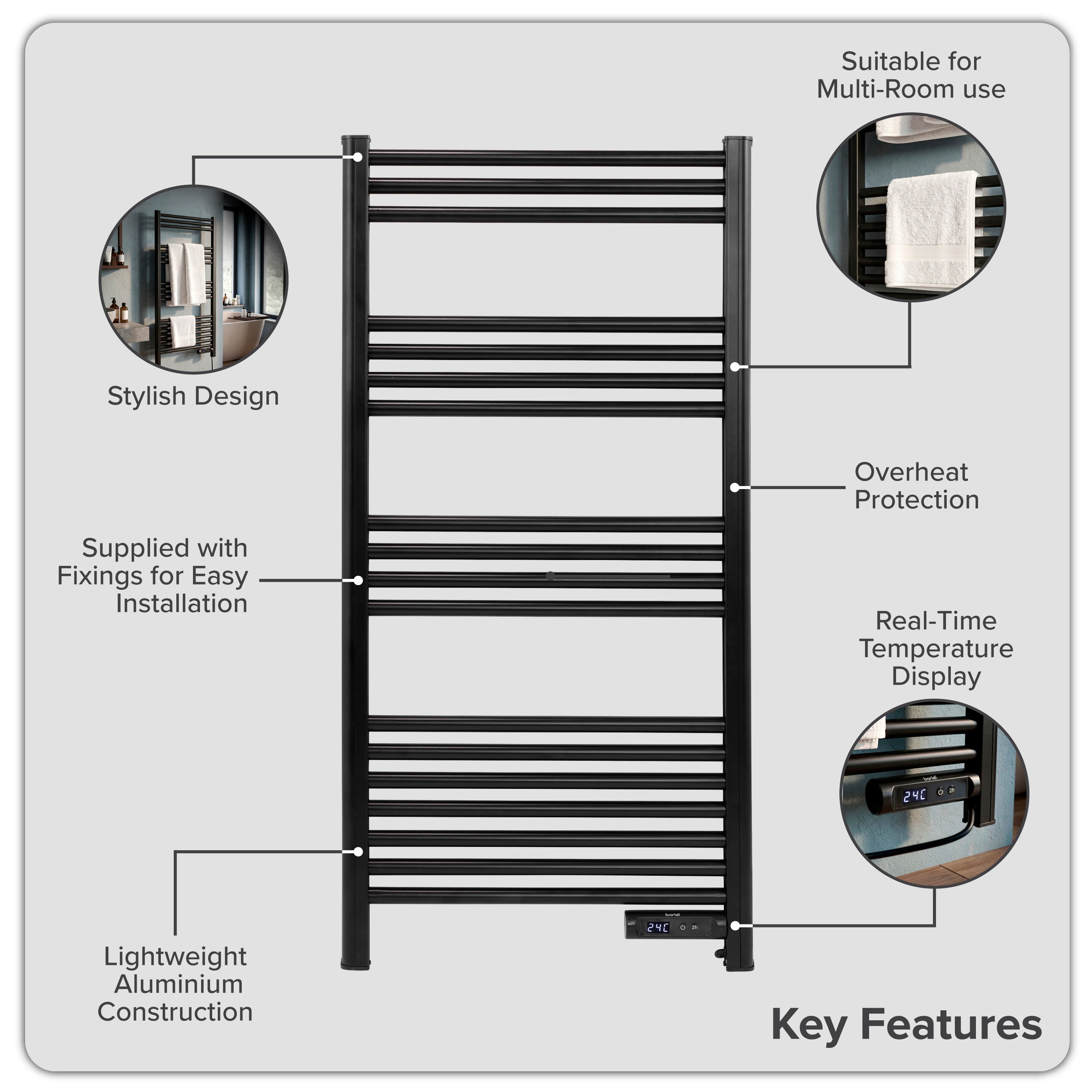 Baridi Electric Heated Towel Rail with LED Display, Black - DH371