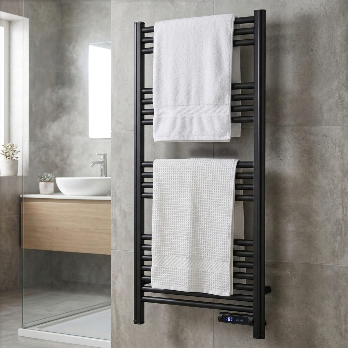 Baridi Electric Heated Towel Rail 1085 x 535mm with LED Display, Black - DH371