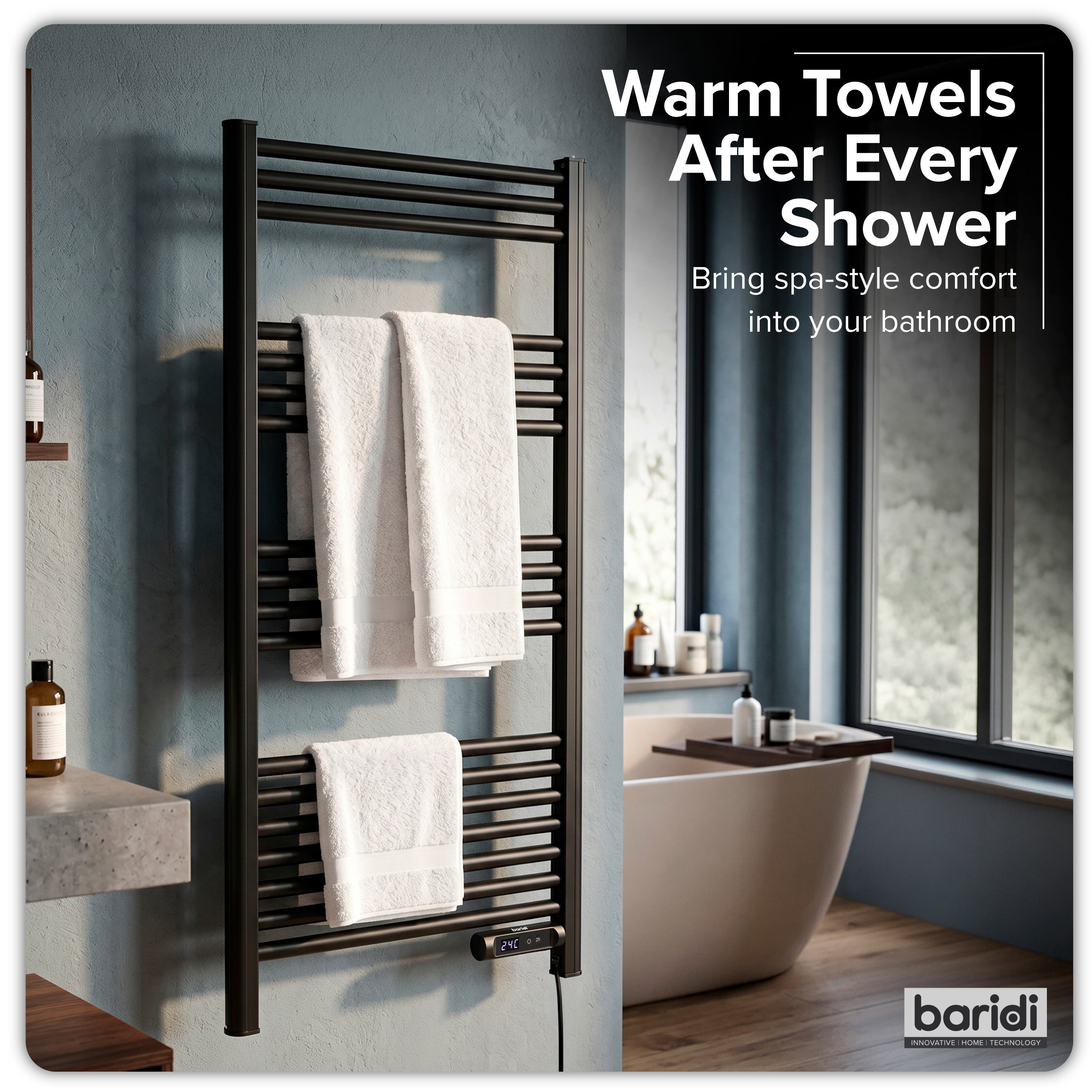 Baridi Electric Heated Towel Rail with LED Display, Black - DH371