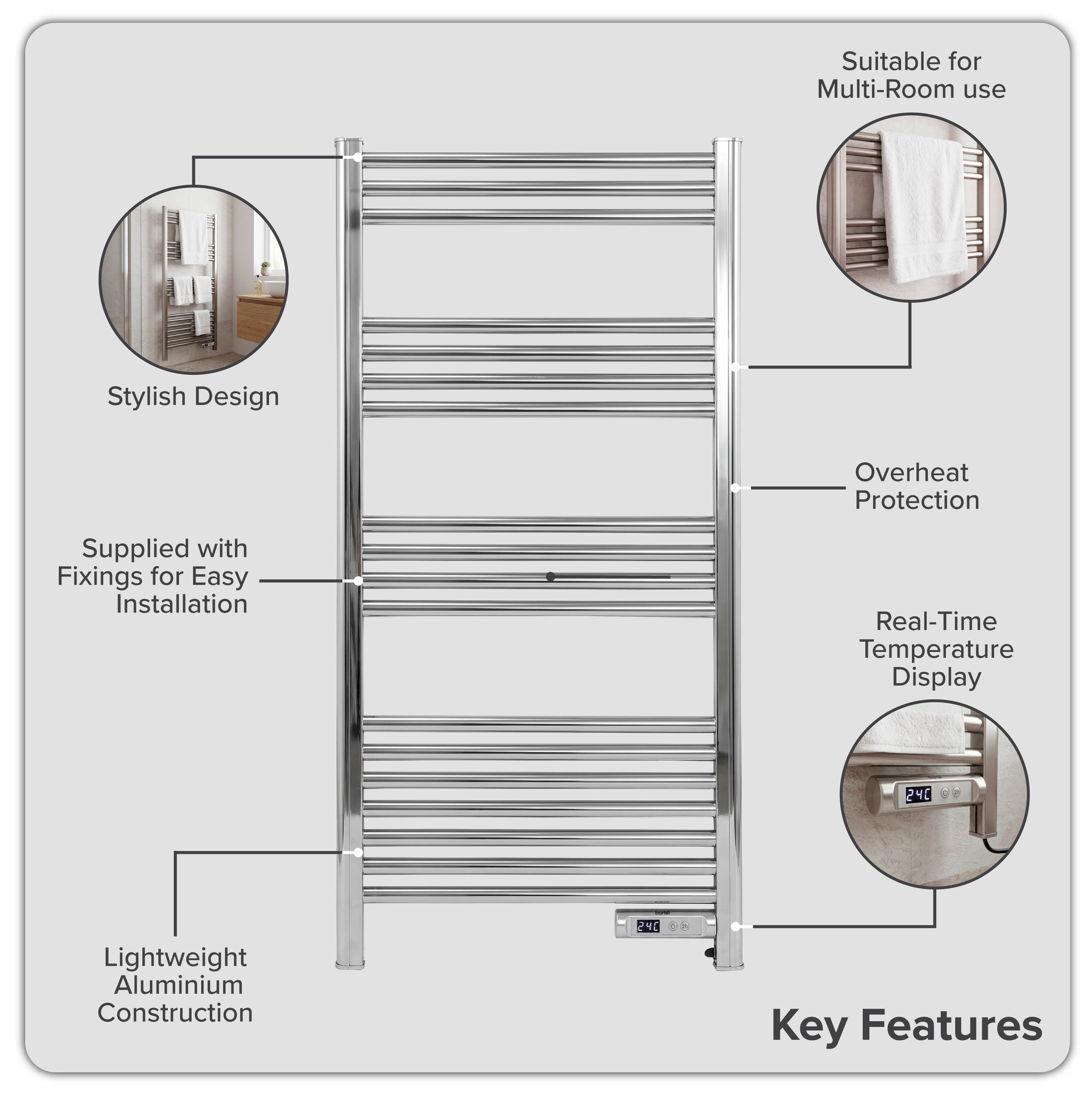 Baridi Electric Heated Towel Rail with LED Display, Silver - DH372