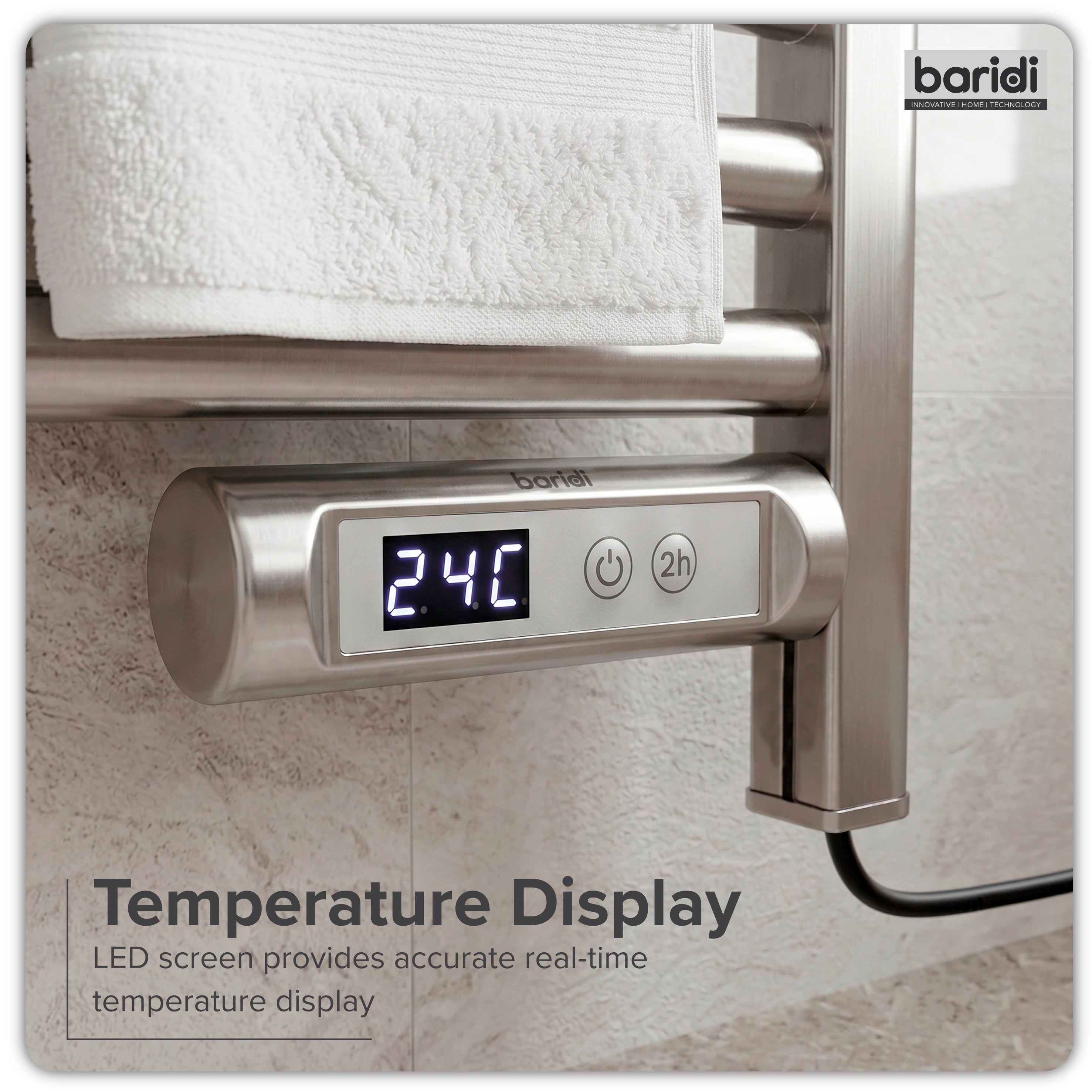 Baridi Electric Heated Towel Rail with LED Display, Silver - DH372