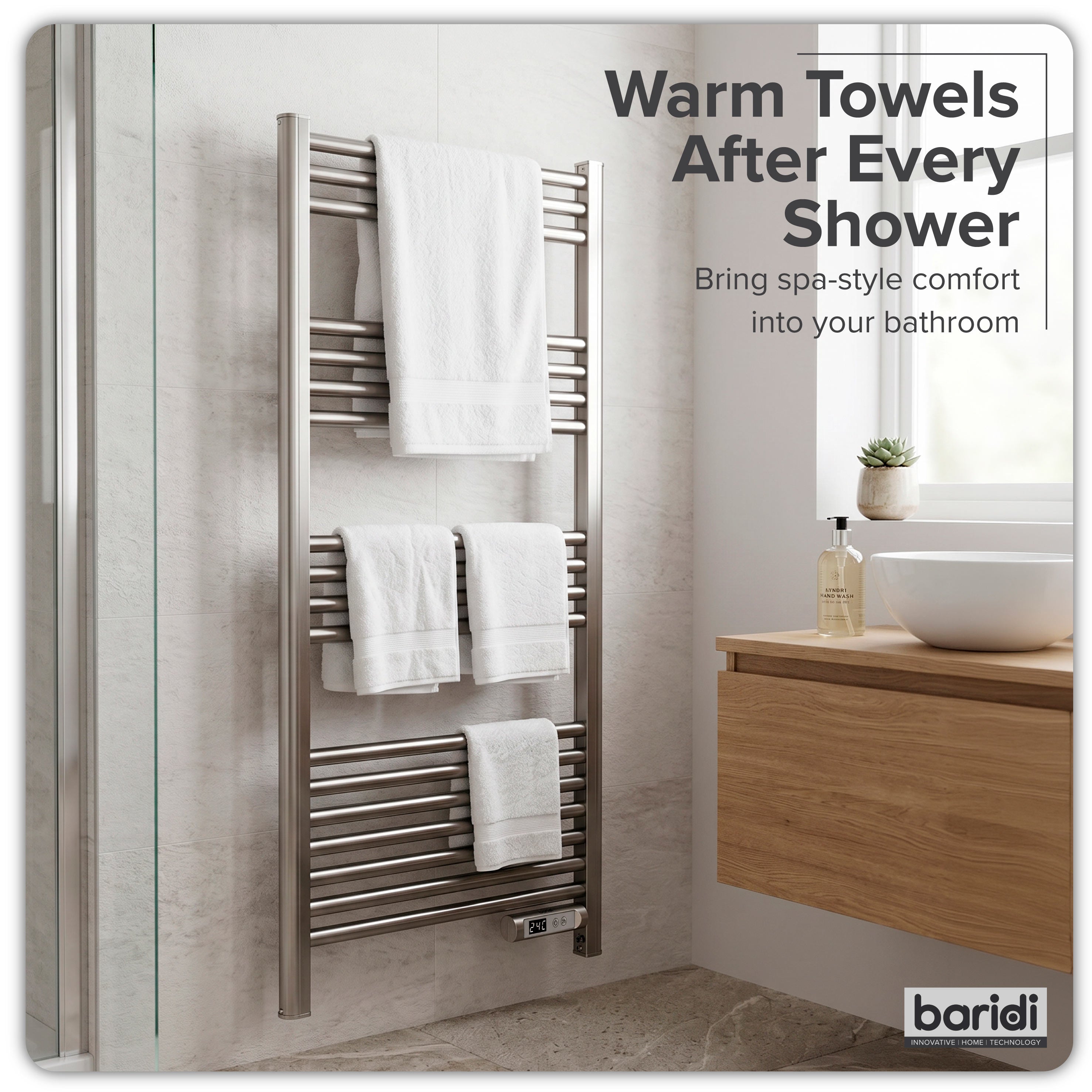 Baridi Electric Heated Towel Rail with LED Display, Silver - DH372