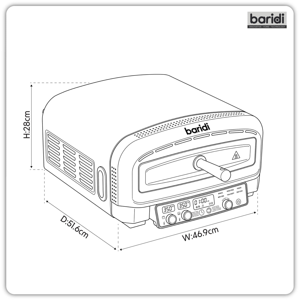 Baridi Electric Pizza Oven 14" with Pizza Peel, Black/Stainless Steel - DH377