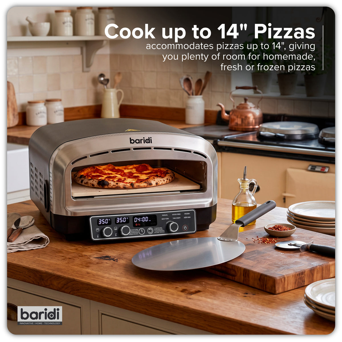 Baridi Electric Pizza Oven 14" with Pizza Peel, Black/Stainless Steel - DH377