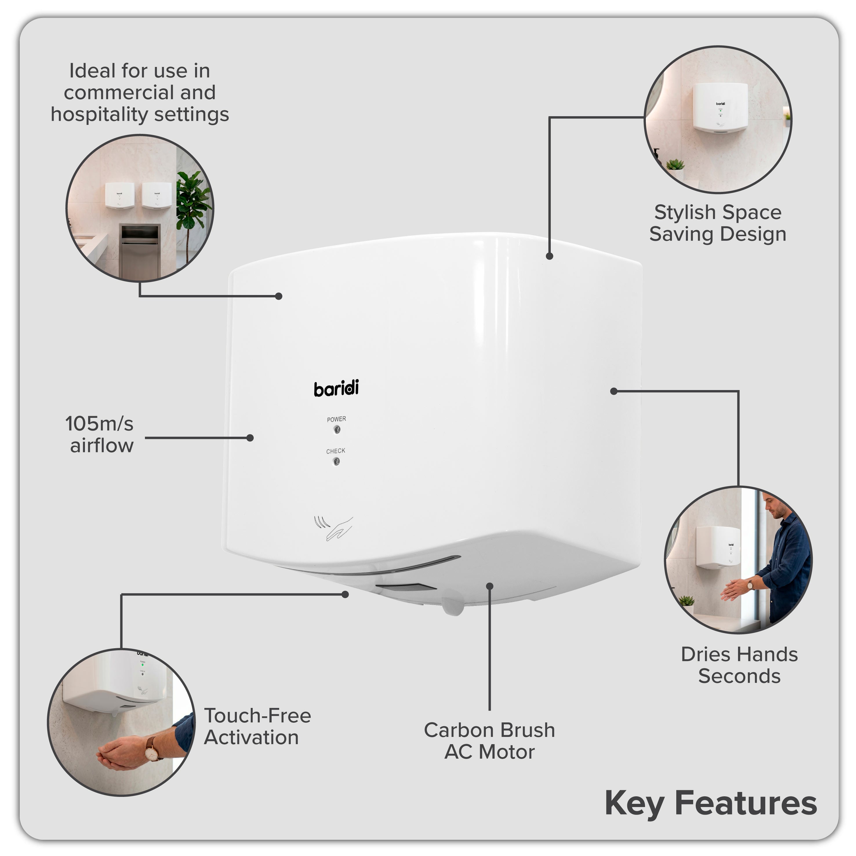 Baridi High Speed Hand Dryer with Auto-Sensor 1400-1650W, White - DH378