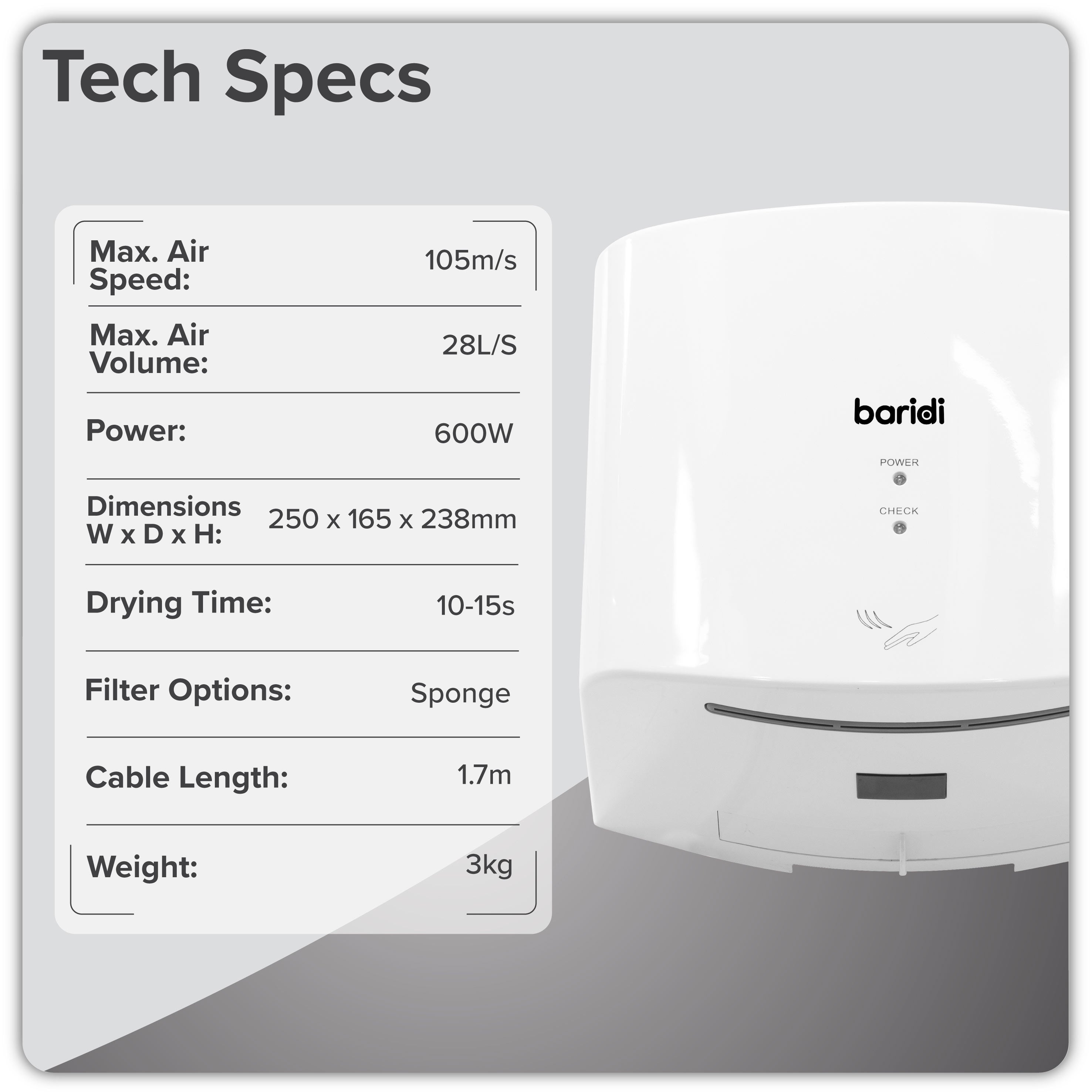 Baridi High Speed Hand Dryer with Auto-Sensor 1400-1650W, White - DH378