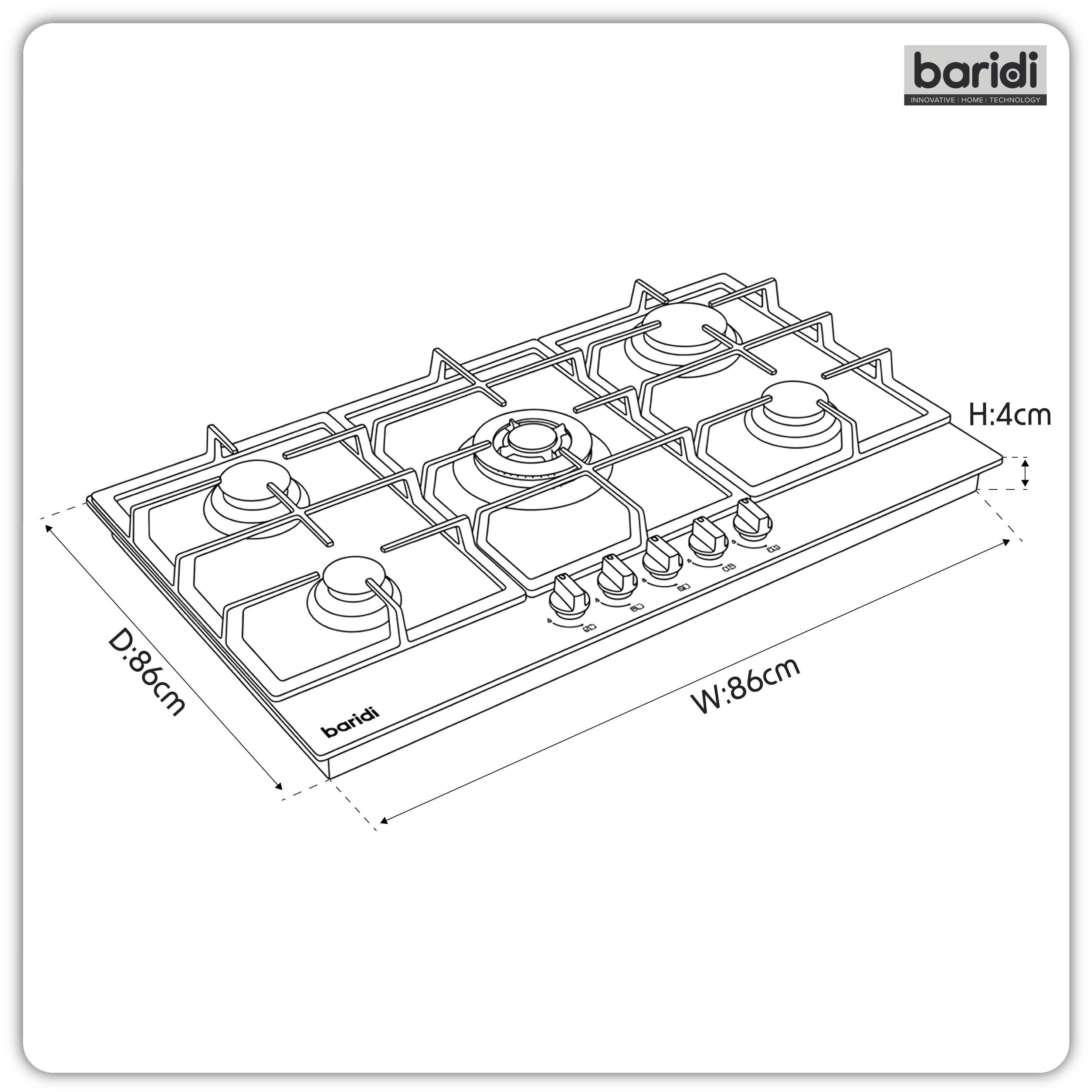 Baridi 90cm Gas Hob with Cast Iron Pan Supports & Wok Burner, Stainless Steel - DH382