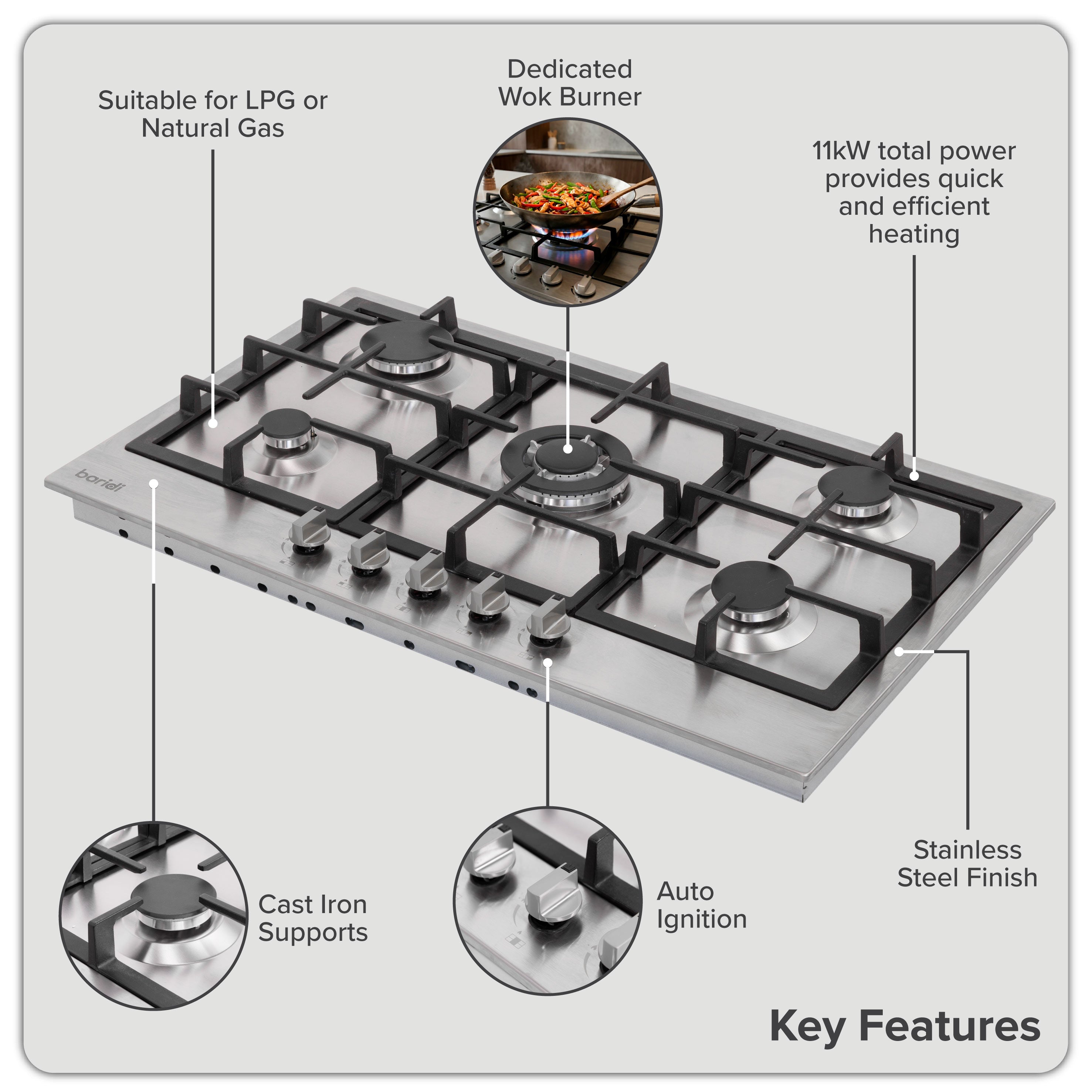 Baridi 90cm Gas Hob with Cast Iron Pan Supports & Wok Burner, Stainless Steel - DH382