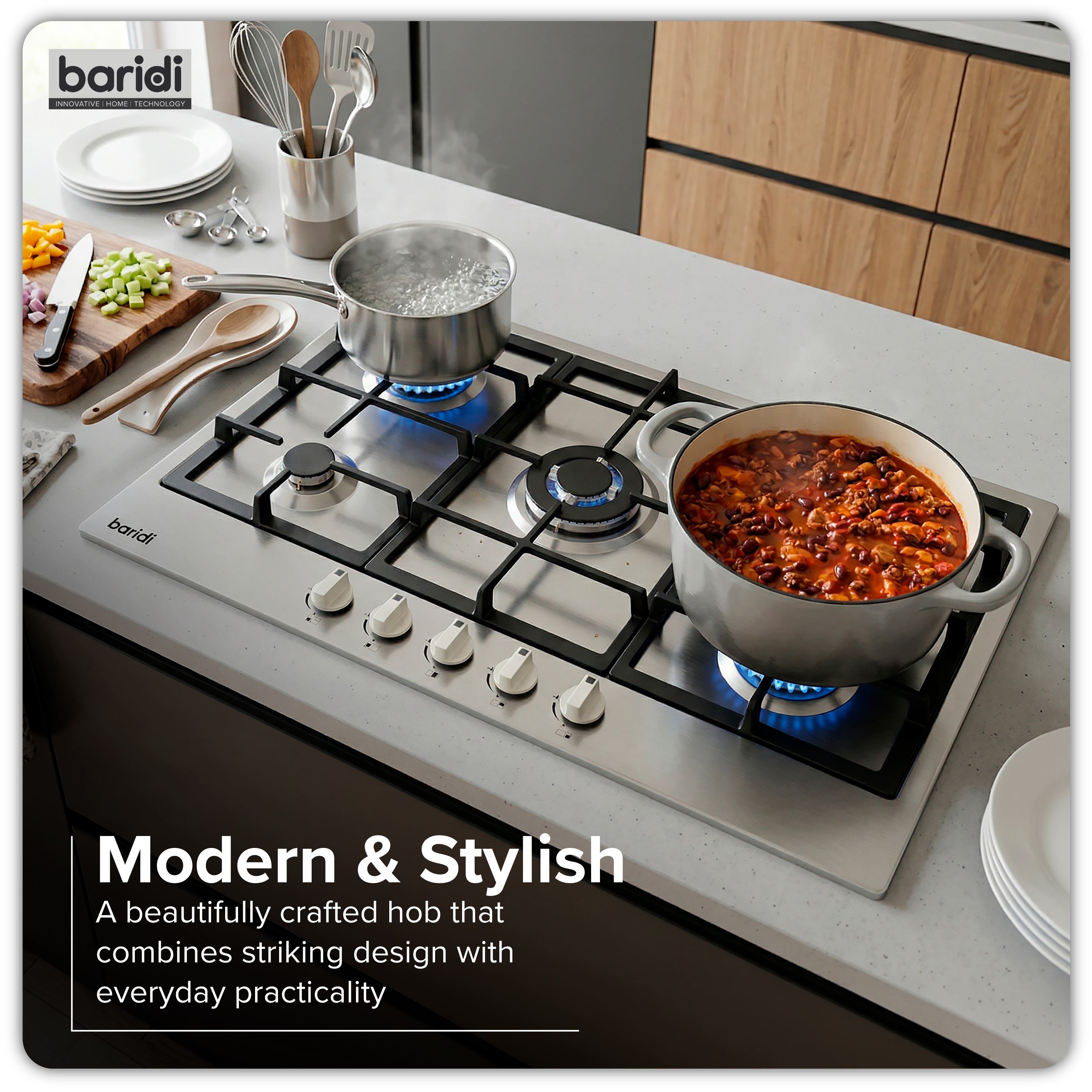 Baridi 90cm Gas Hob with Cast Iron Pan Supports & Wok Burner, Stainless Steel - DH382