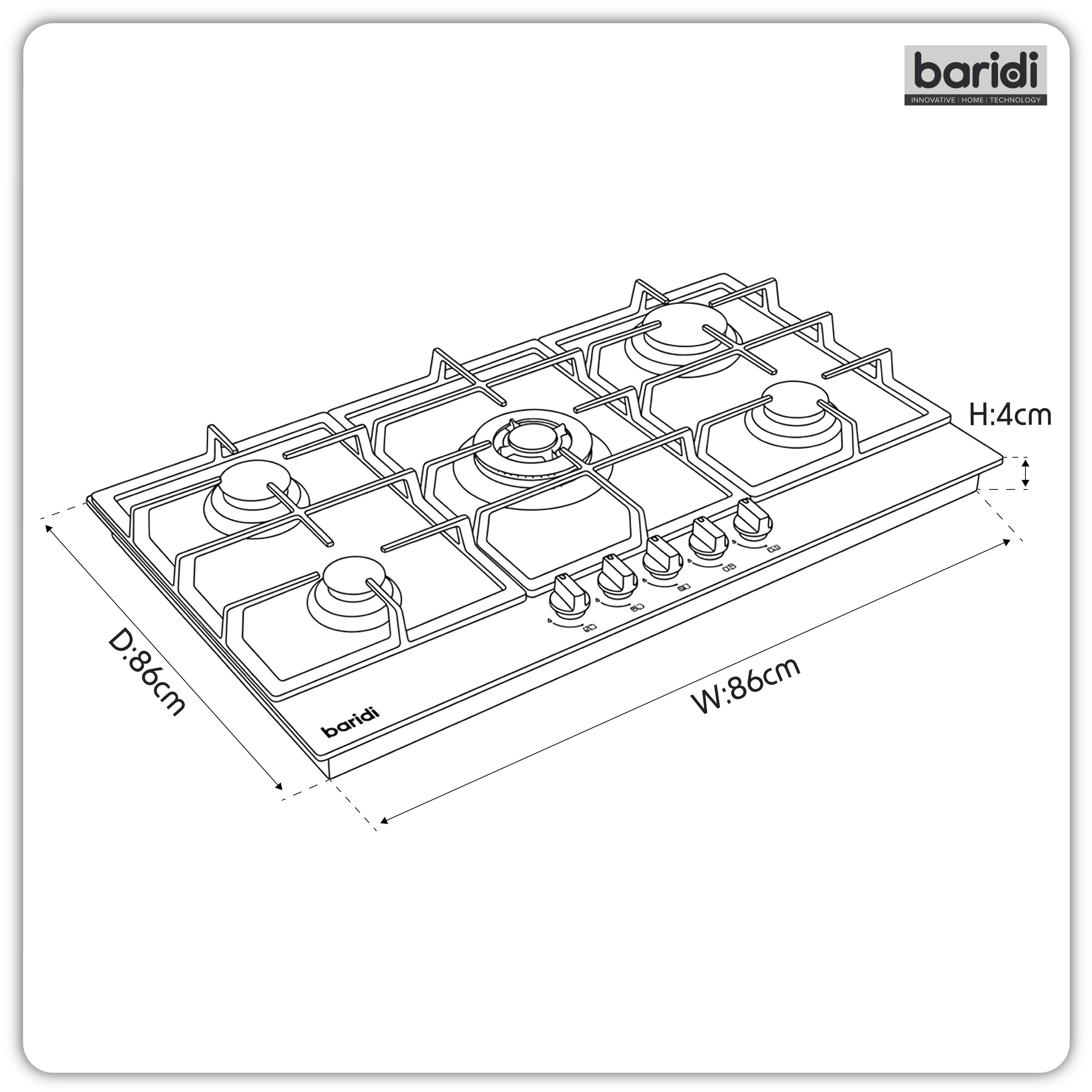 Baridi 90cm Gas Hob Glass with 5 Burners, Cast Iron Supports & Auto Ignition 11kW - DH383