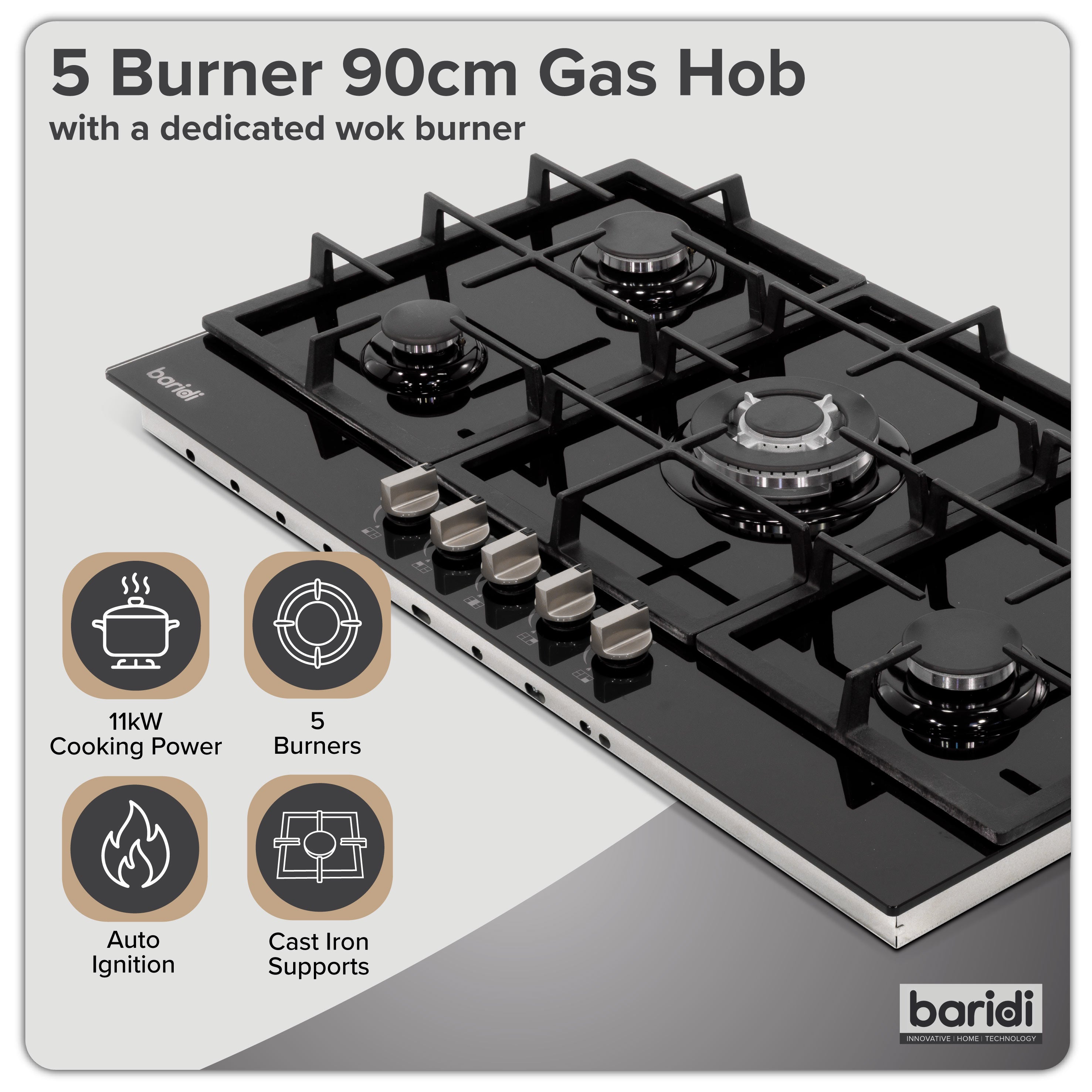 Baridi 90cm Gas Hob Glass with 5 Burners, Cast Iron Supports & Auto Ignition 11kW - DH383