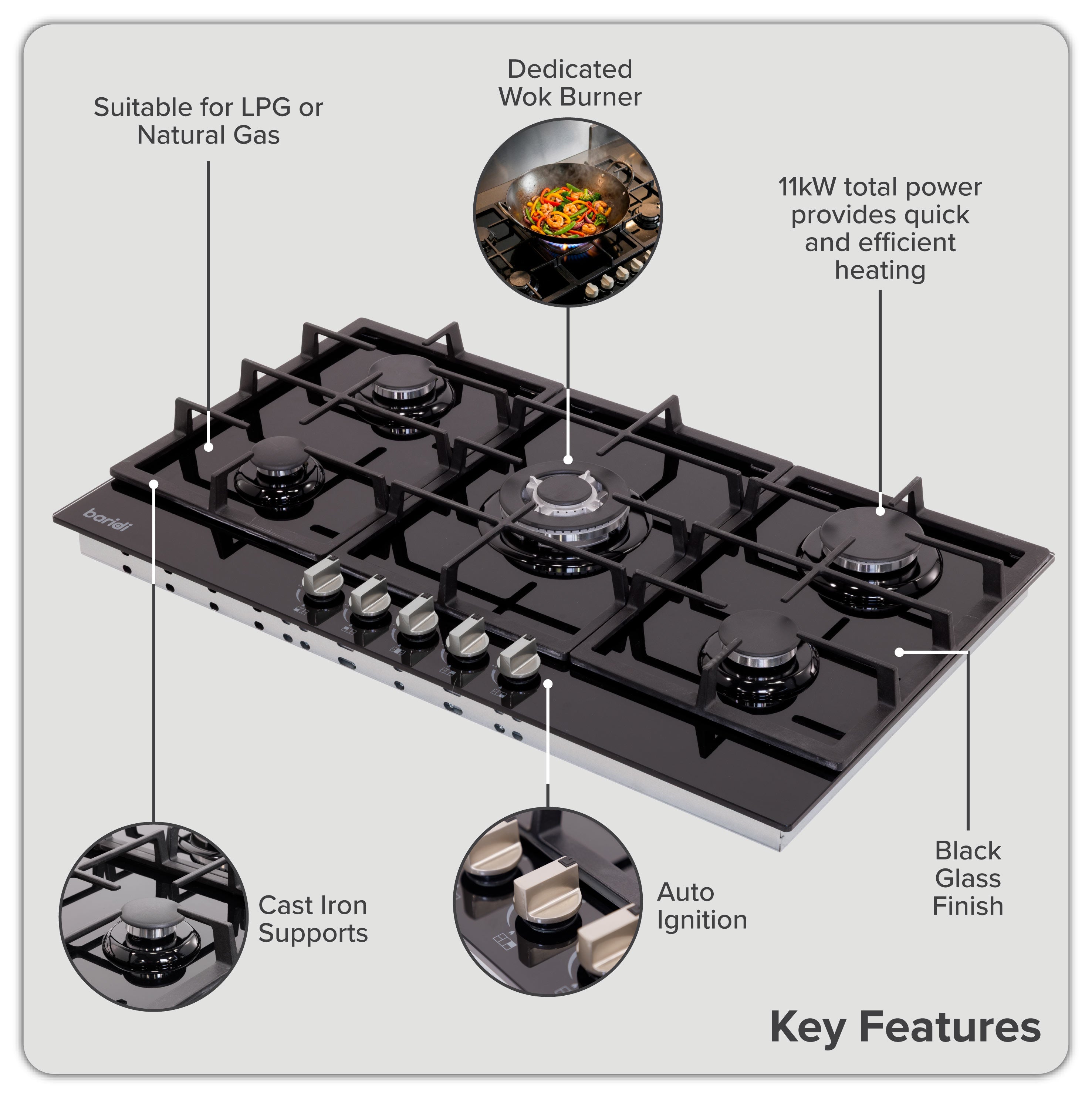 Baridi 90cm Gas Hob Glass with 5 Burners, Cast Iron Supports & Auto Ignition 11kW - DH383