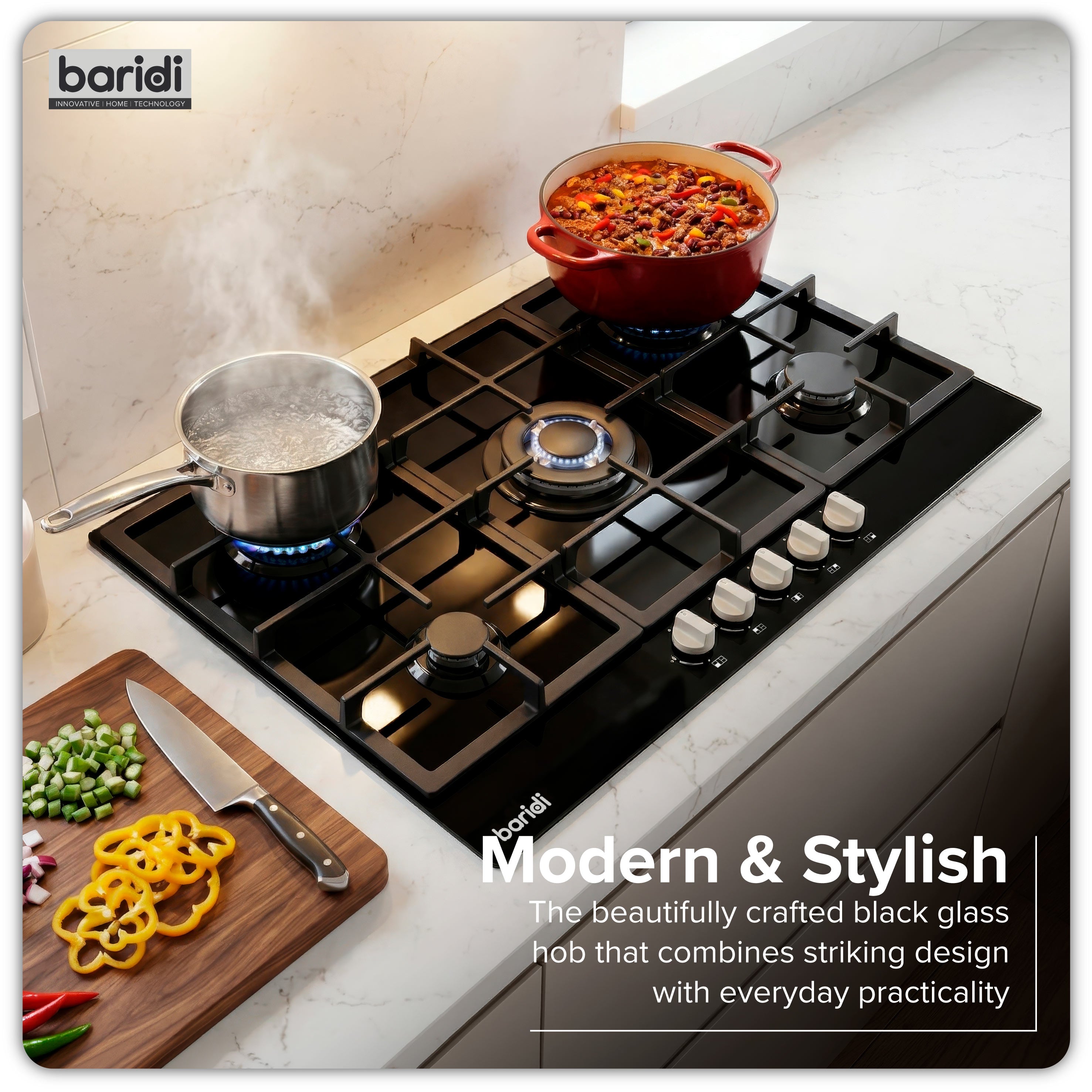Baridi 90cm Gas Hob Glass with 5 Burners, Cast Iron Supports & Auto Ignition 11kW - DH383